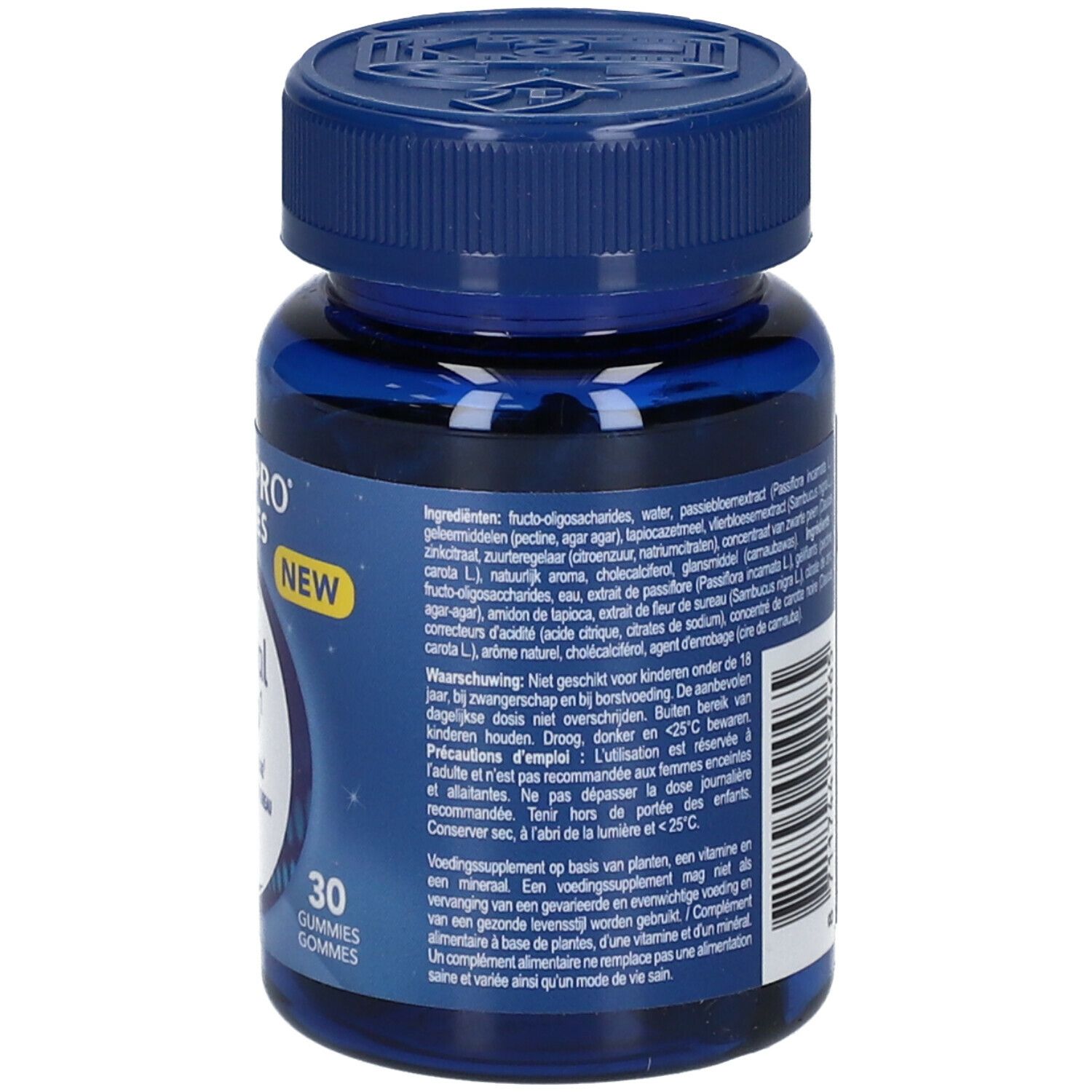 Dos du flacon bleu Valdispro Gummies. Informations textuelles, ingrédients et fabricant. Avec illustration florale.