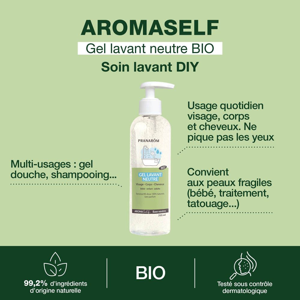 Arrière d'un flacon Pranarôm Aromaself Gel Lavant Neutre Bio avec pompe.