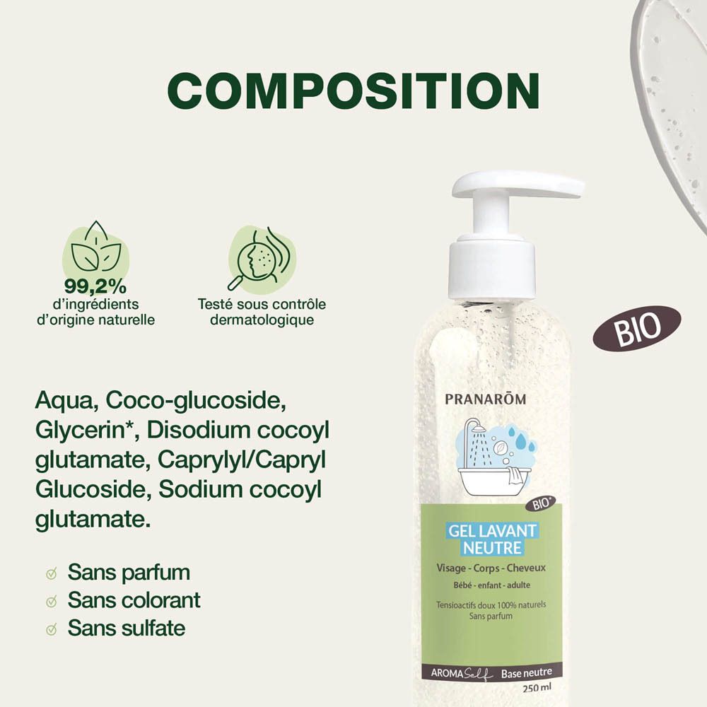 Arrière d'un flacon Pranarôm Aromaself Gel Lavant Neutre Bio avec pompe.