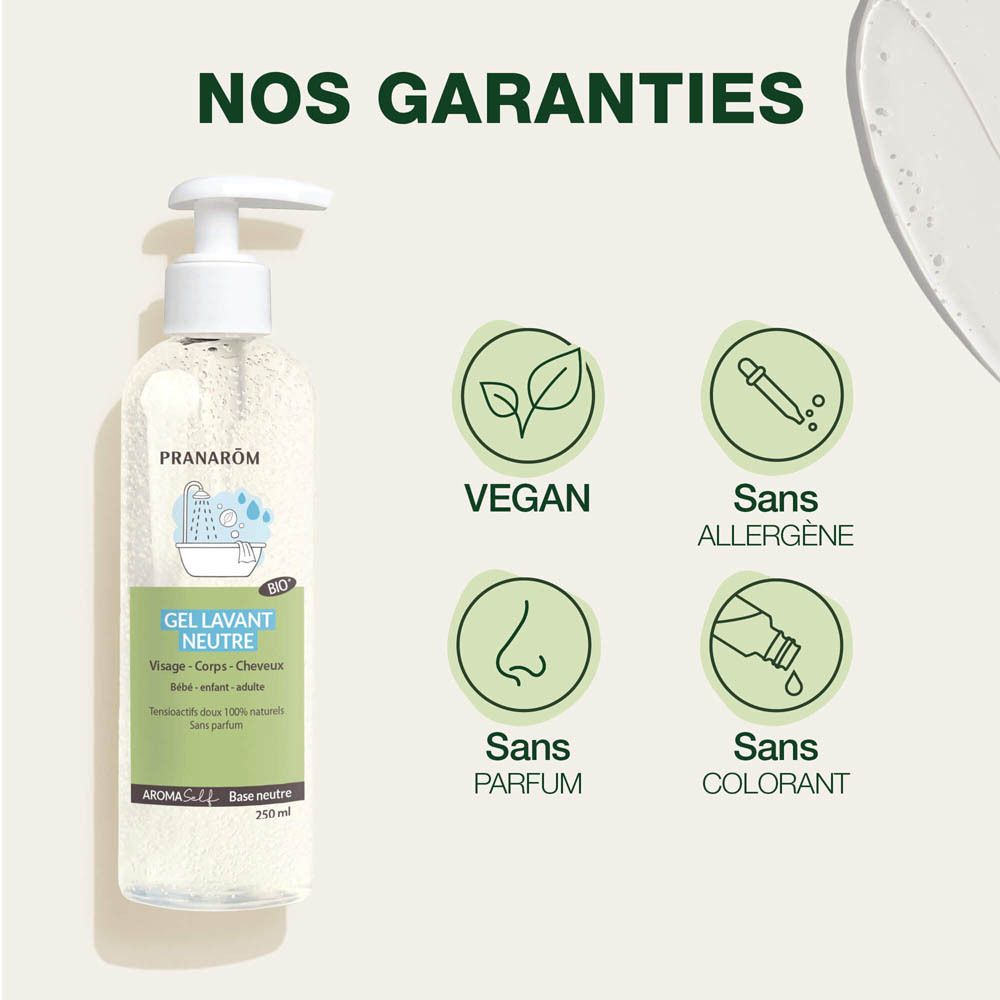 Flacon Pranarôm Aromaself Gel Lavant Neutre Bio avec pompe, 245ml.