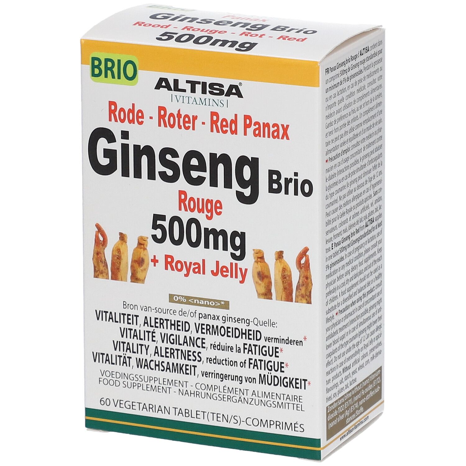 Boîte de Altisa® Ginseng Rouge + Gélée Royale. Carton blanc avec nom et informations. 60 comprimés.