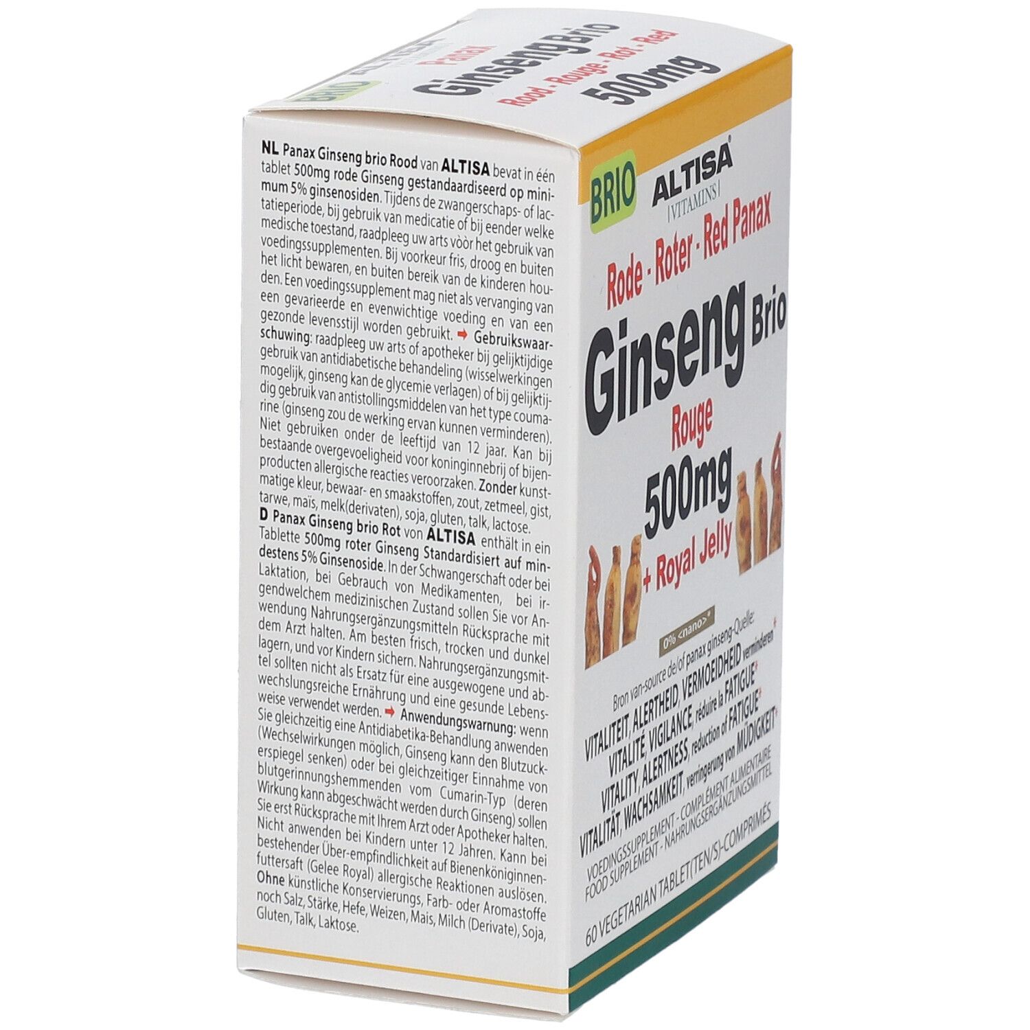 Vue latérale de la boîte Altisa® Ginseng Rouge + Gélée Royale. Texte en allemand et néerlandais.