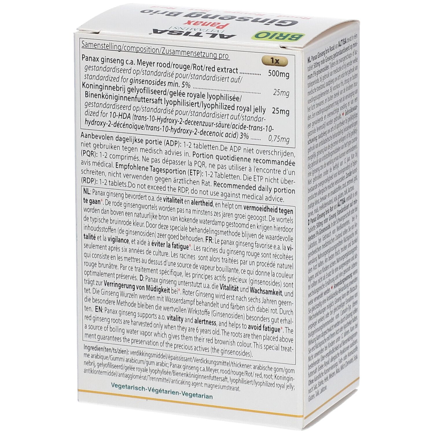 Dos de la boîte Altisa® Ginseng Rouge + Gélée Royale. Ingrédients et dosage.