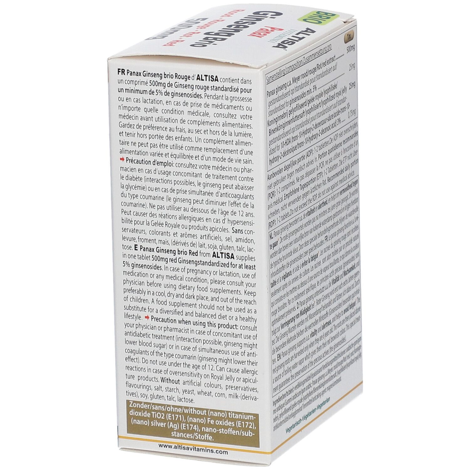 Vue latérale de la boîte Altisa® Ginseng Rouge + Gélée Royale. Texte en français.