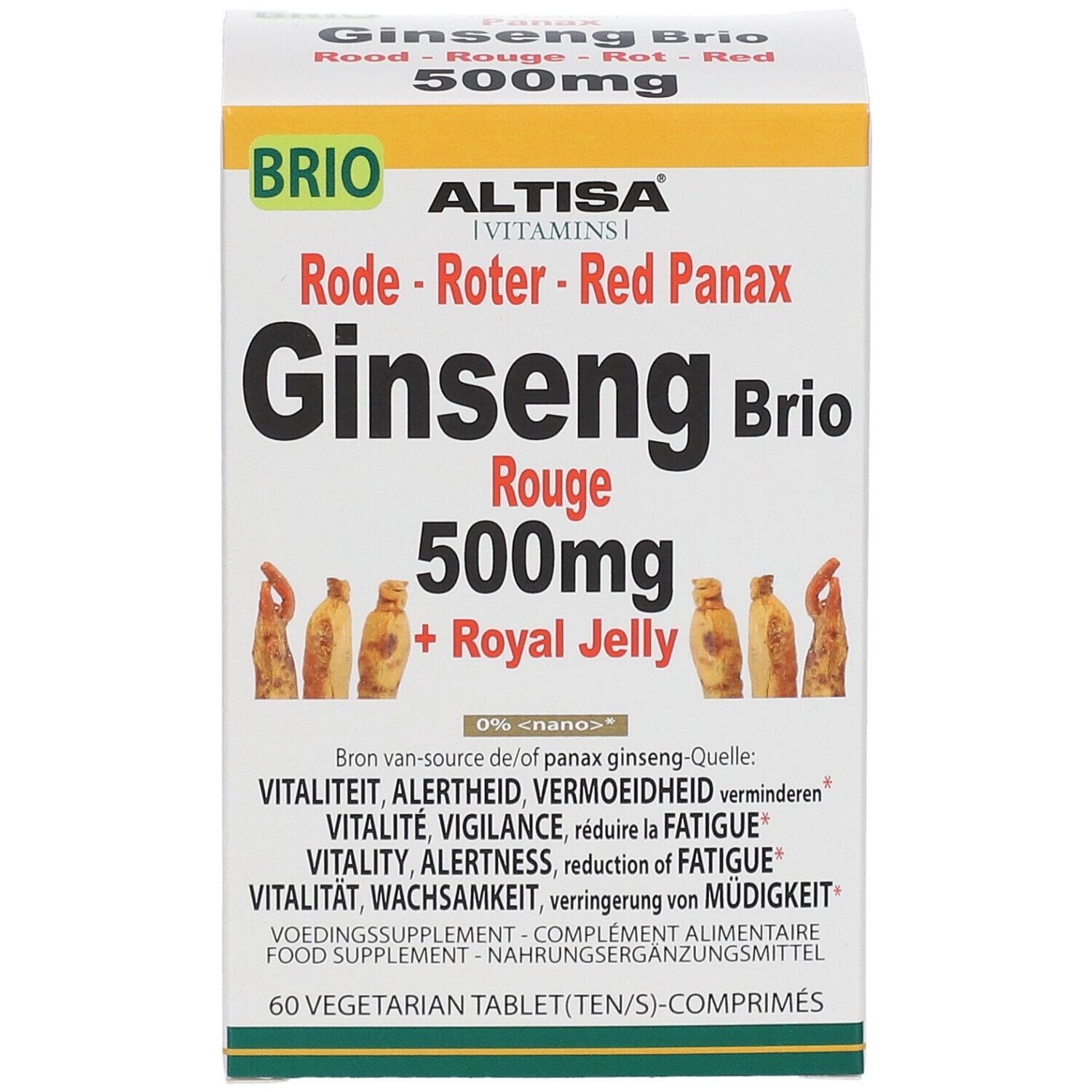 Vue de face de la boîte Altisa® Ginseng Rouge + Gélée Royale. Nom et informations.