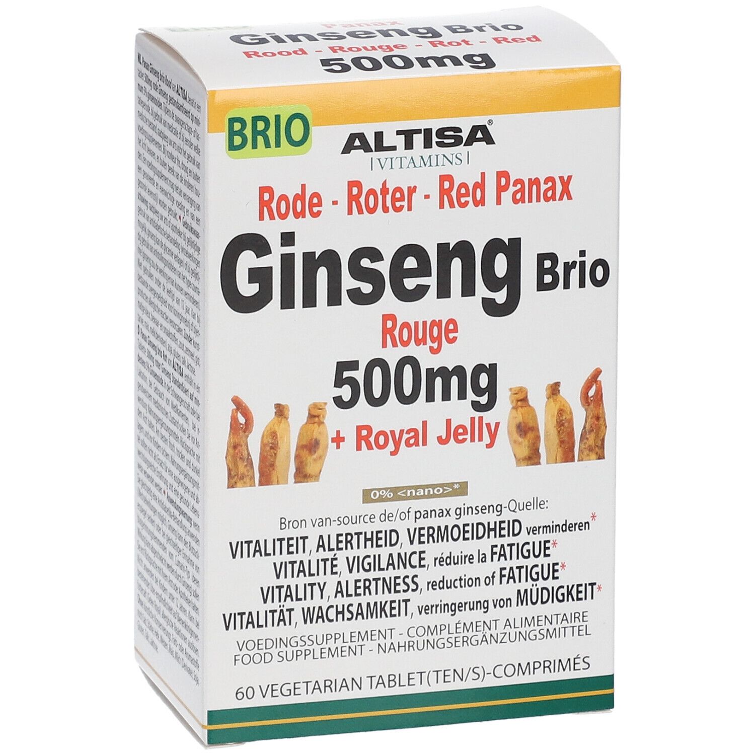 Vue en biais de la boîte Altisa® Ginseng Rouge + Gélée Royale. Nom et informations.