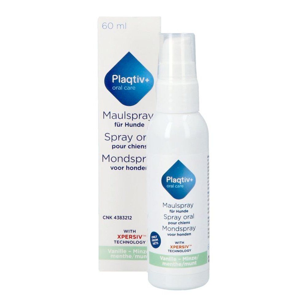 60 ml Plaqtiv+ Spray oral pour chiens avec technologie Xpersiv. Vanille-Menthe.