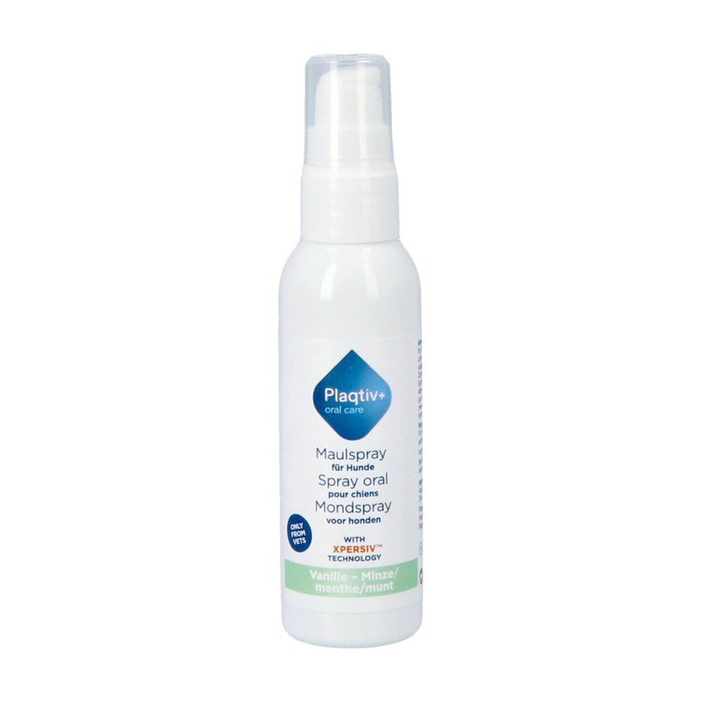Flacon pulvérisateur blanc Plaqtiv+ Spray buccal pour chiens. Contient la technologie Xpersiv. Saveur vanille-menthe.