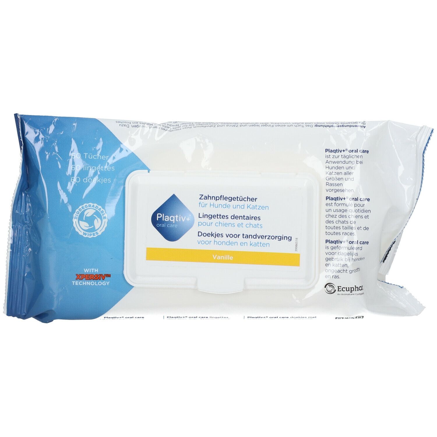 Emballage de lingettes dentaires pour chiens et chats. Film blanc et bleu avec informations et logo.