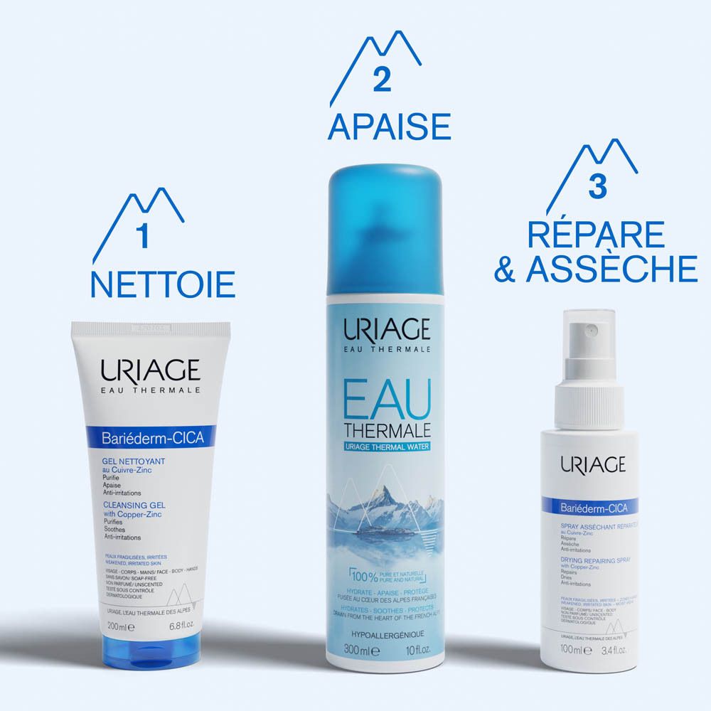 Trois produits : gel nettoyant URIAGE BARIÉDERM-CICA, eau thermale, crème BARIÉDERM-CICA. Texte : Nettoyer, apaiser, réparer.