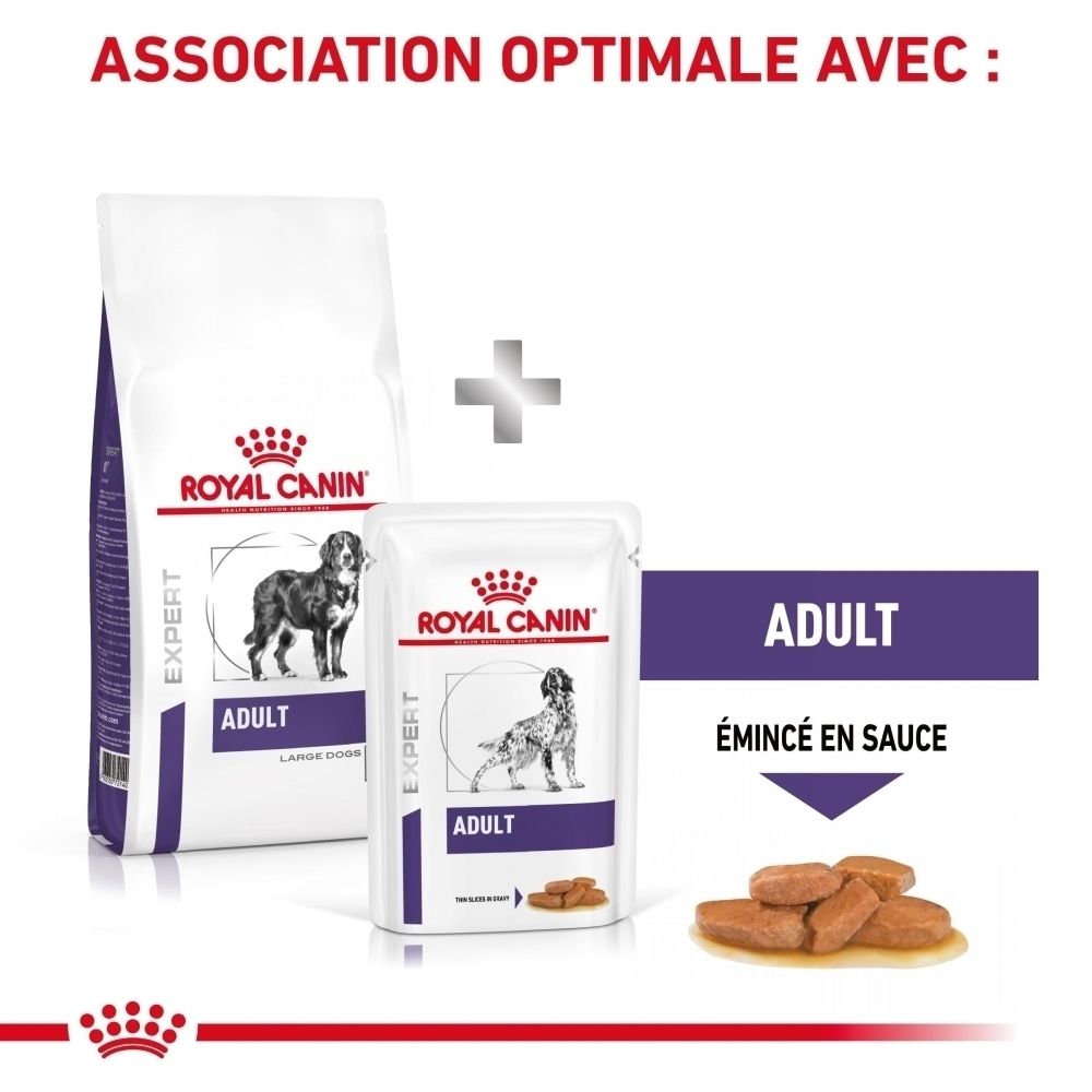 Guide d'alimentation Royal Canin Adult Large Dogs selon poids et condition.