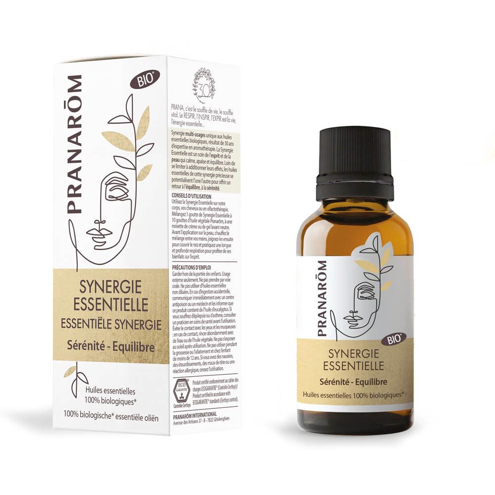 Flacon et emballage du produit "Synergie Essentielle", tous deux avec illustration de visage et sceau Bio.