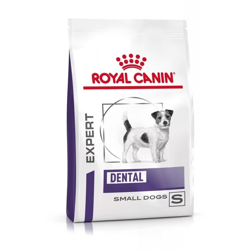Sac de 1,5 kg de croquettes Royal Canin Dental pour petits chiens, avec image de chien.