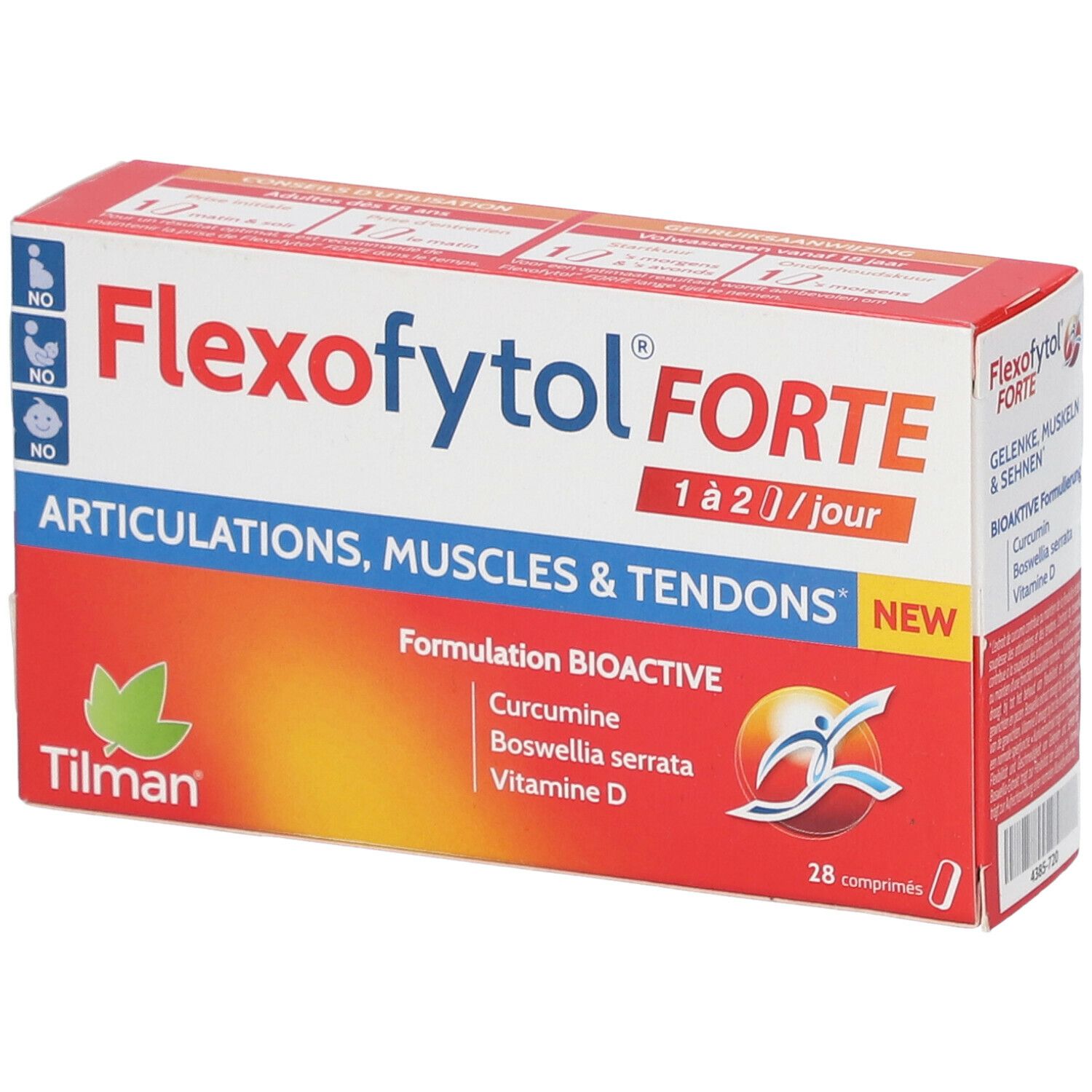 Boîte de Flexofytol Forte. Emballage rouge et blanc avec nom du produit et ingrédients. Contient 28 comprimés.