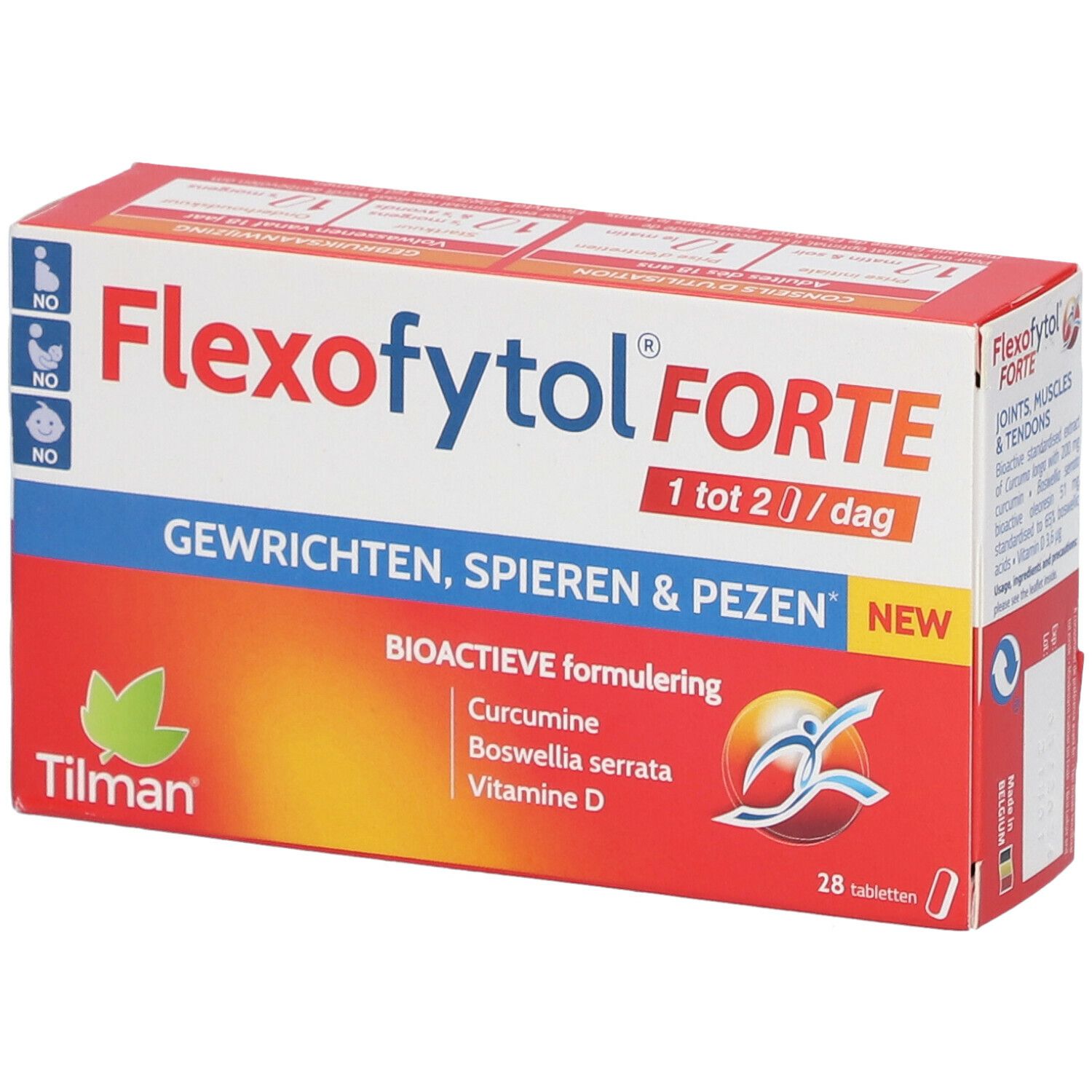 Emballage Flexofytol Forte. Boîte rouge et blanche avec nom du produit et ingrédients. Contient 28 comprimés.