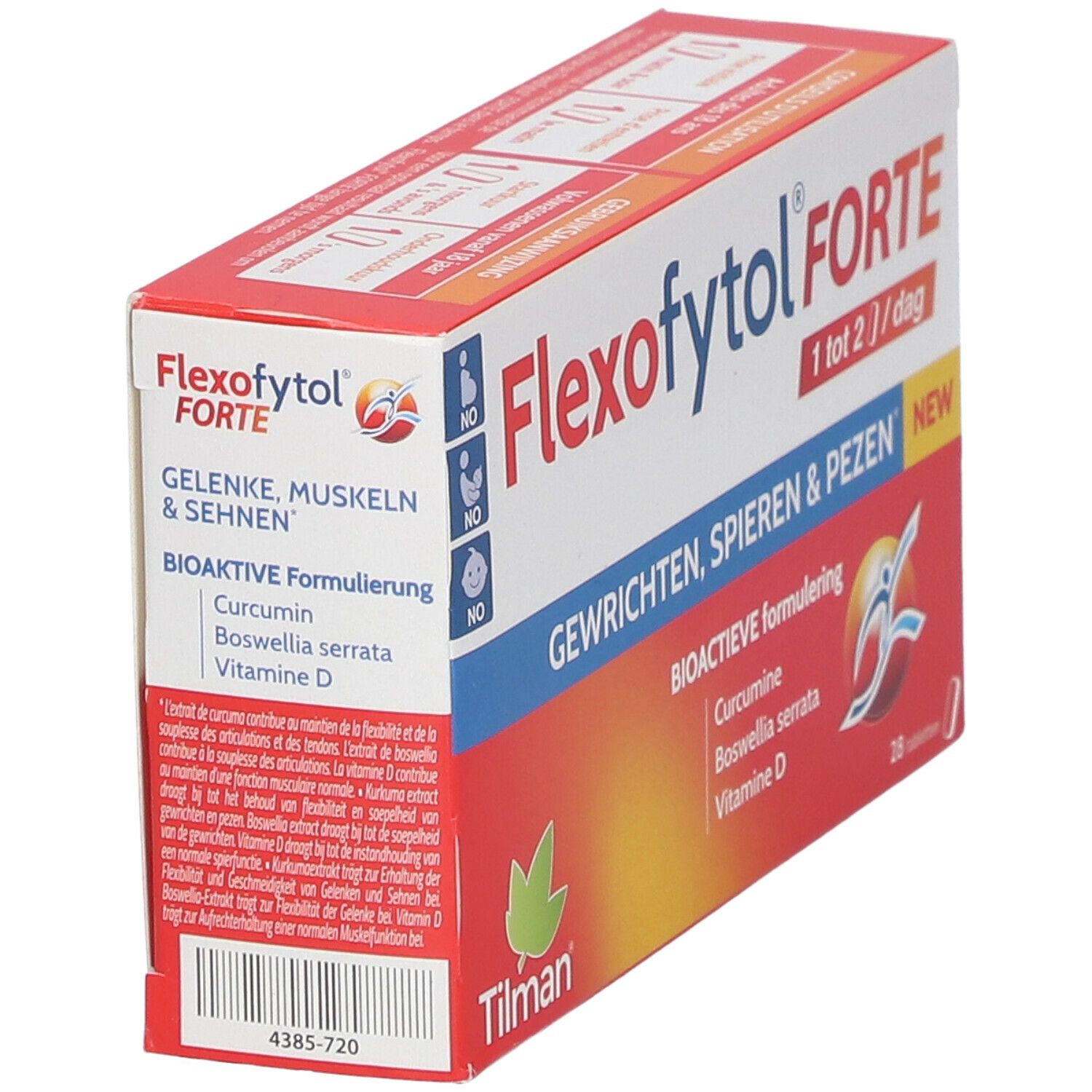 Emballage Flexofytol Forte. Boîte rouge et blanche avec nom du produit et ingrédients. Contient 28 comprimés.