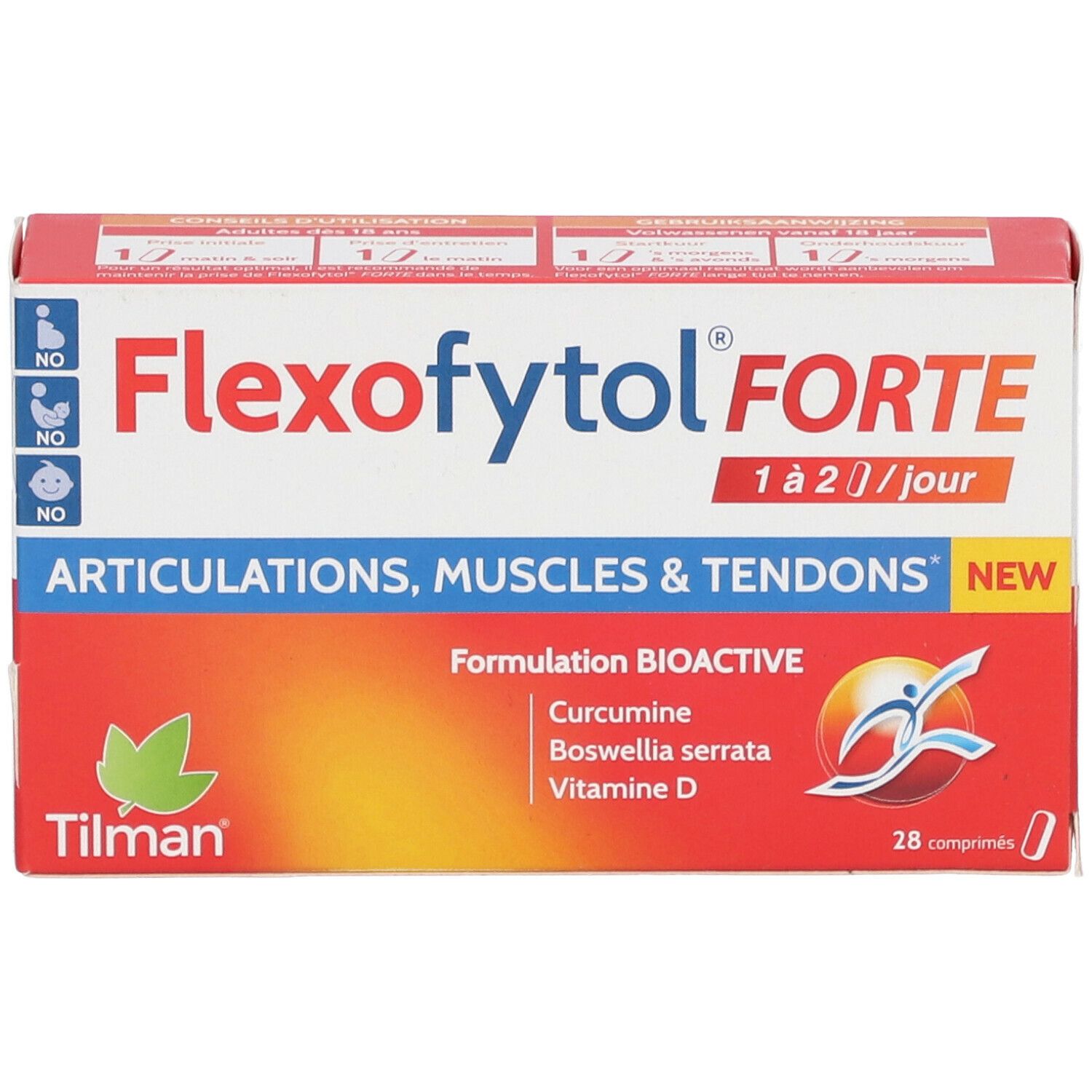 Emballage Flexofytol Forte. Boîte rouge et blanche avec nom du produit et ingrédients. Contient 28 comprimés.