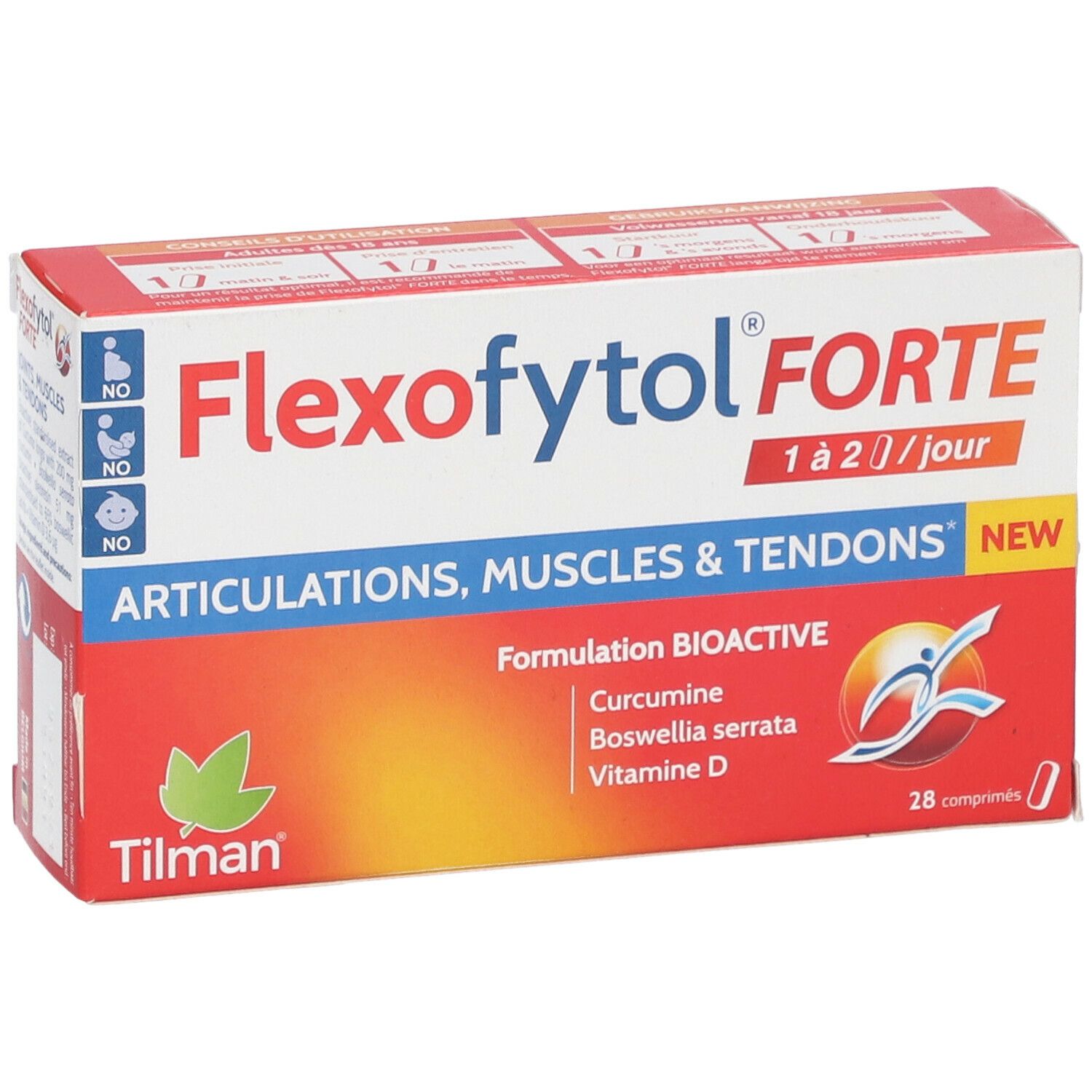 Emballage Flexofytol Forte. Boîte rouge et blanche avec nom du produit et ingrédients. Contient 28 comprimés.