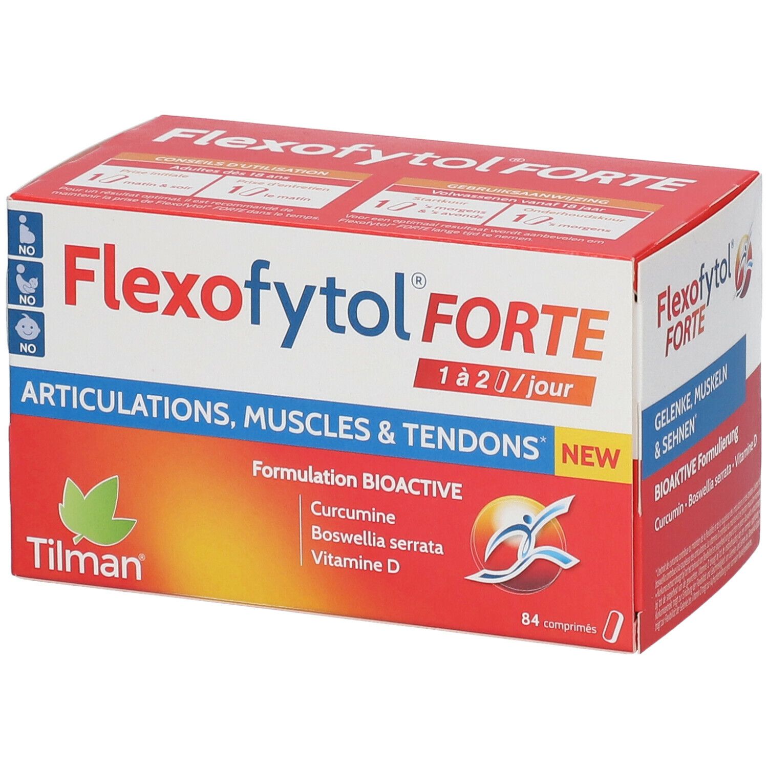 Boîte Flexofytol Forte. Emballage rouge et blanc avec nom du produit et ingrédients. Contient 84 comprimés.