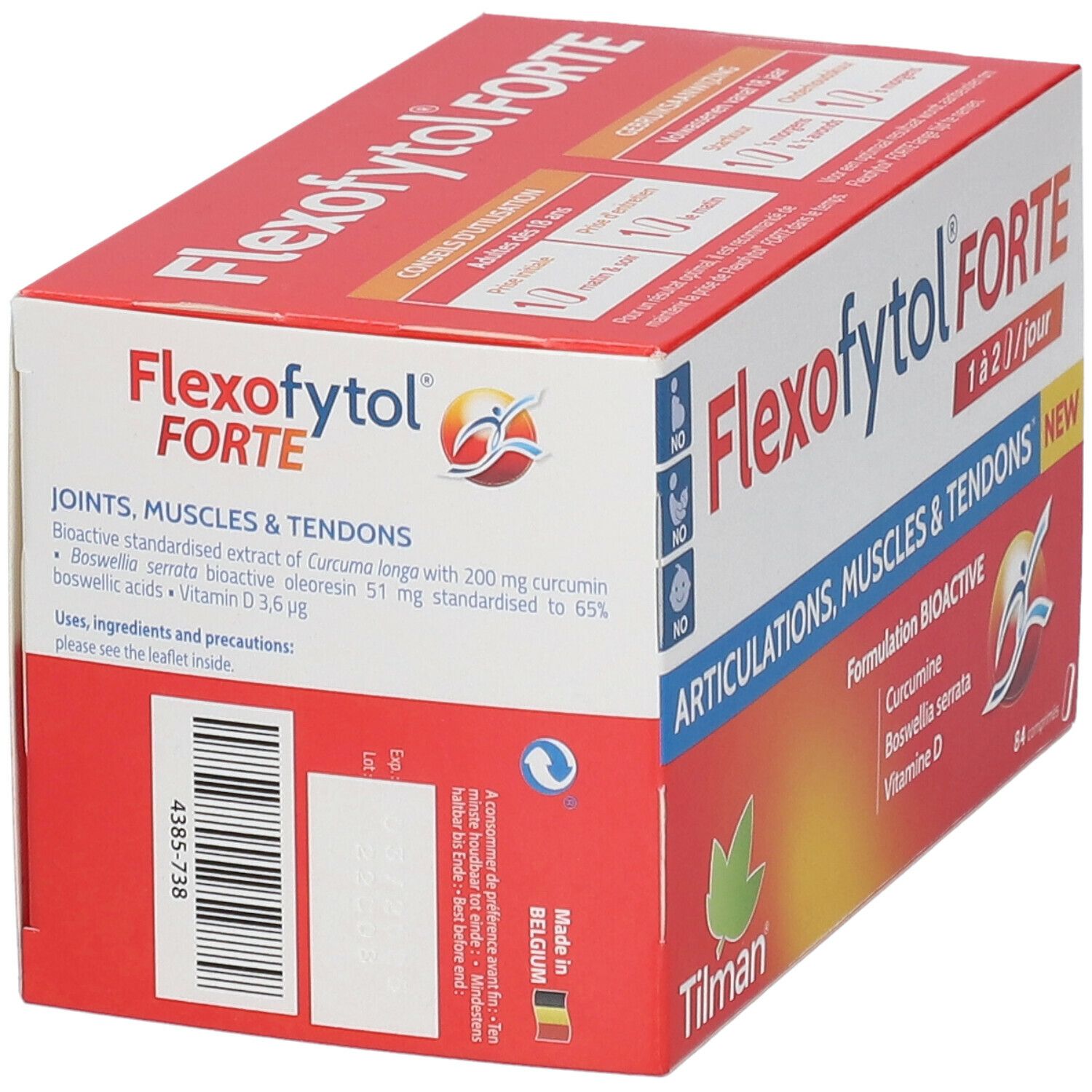 Boîte Flexofytol Forte. Emballage rouge et blanc avec informations produit et code-barres. Fabriqué en Belgique.