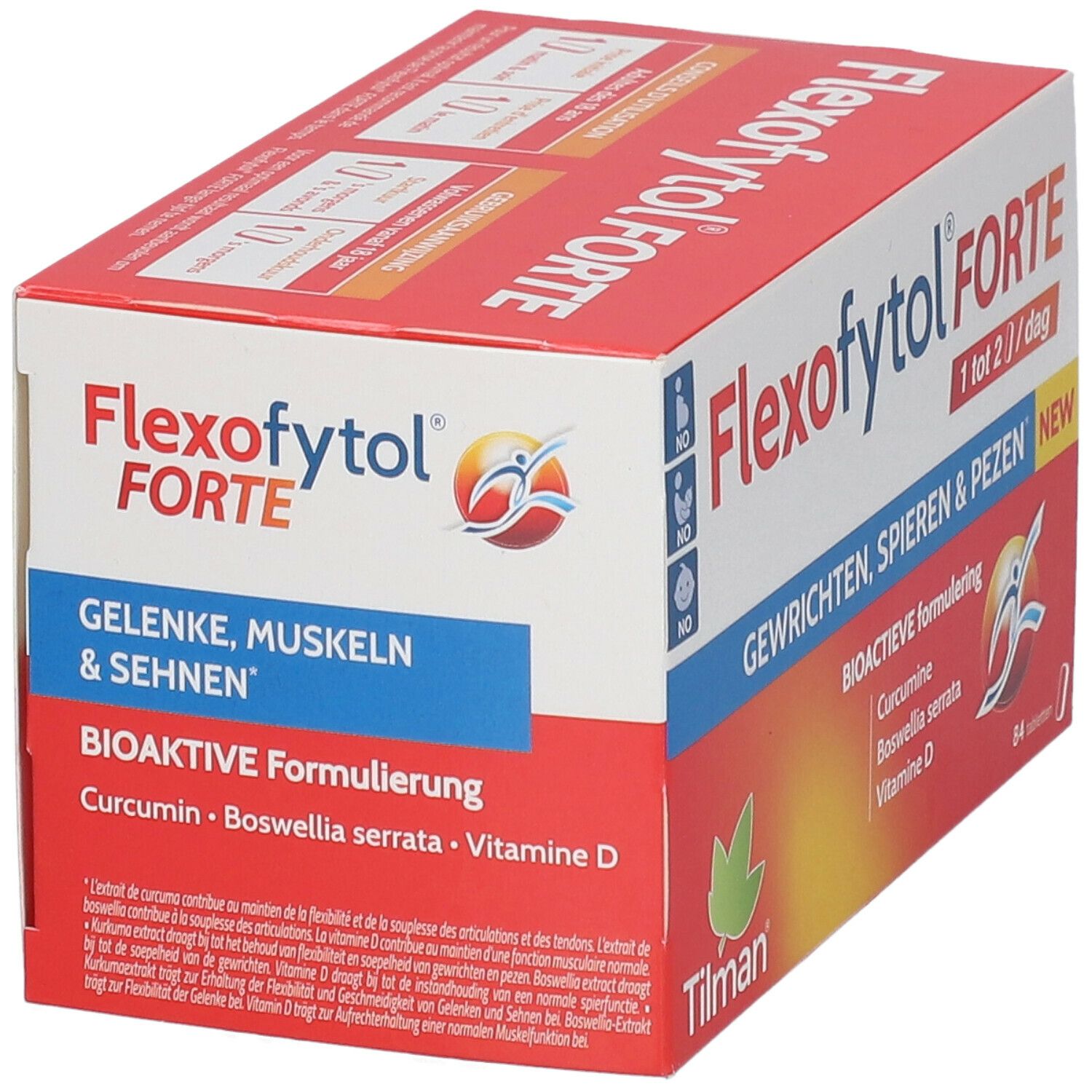Boîte Flexofytol Forte. Emballage rouge et blanc avec informations produit et ingrédients. 84 comprimés.