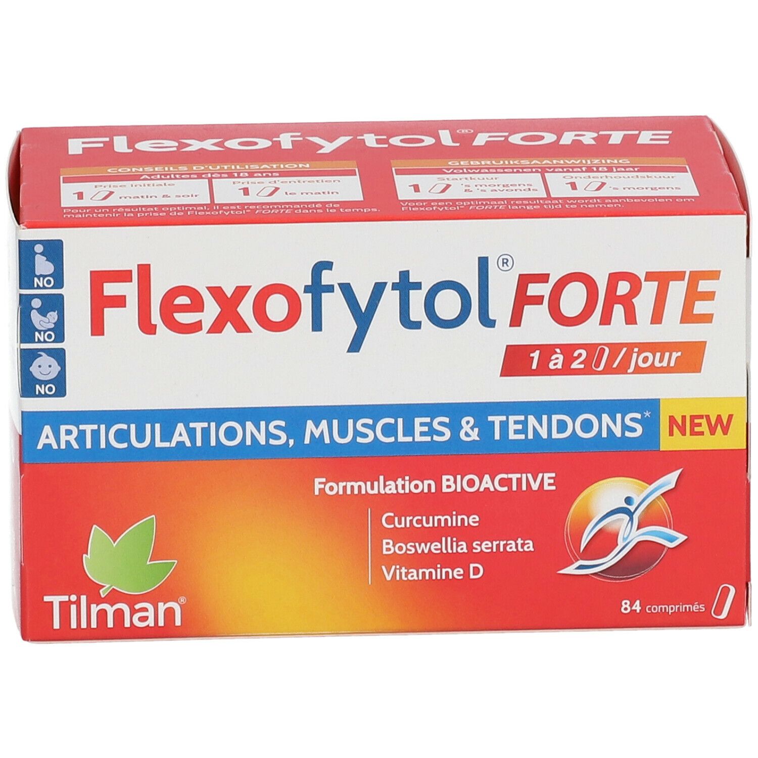 Boîte Flexofytol Forte. Emballage rouge et blanc avec nom du produit et ingrédients. Contient 84 comprimés.