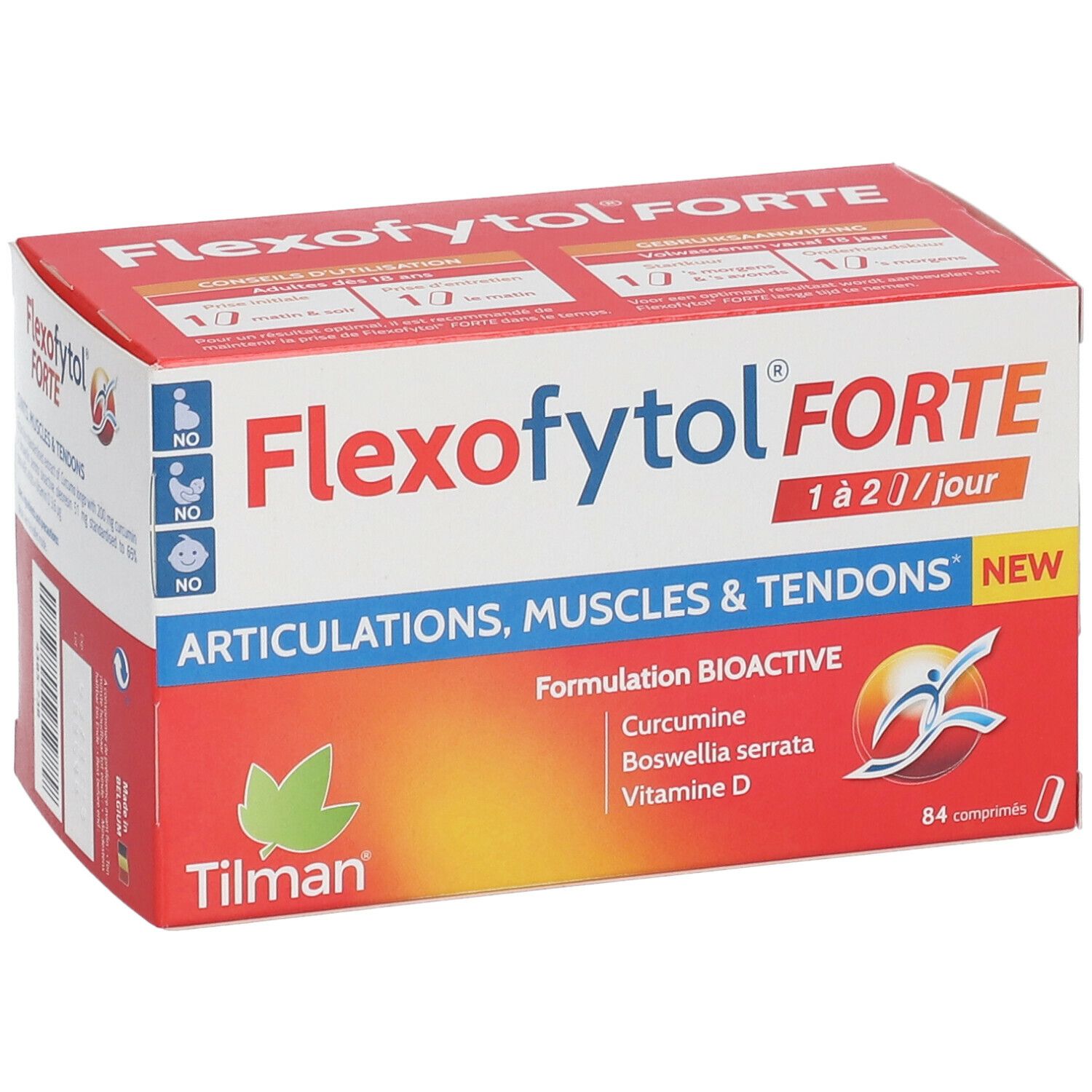 Boîte Flexofytol Forte. Emballage rouge et blanc avec nom du produit et ingrédients. Contient 84 comprimés.