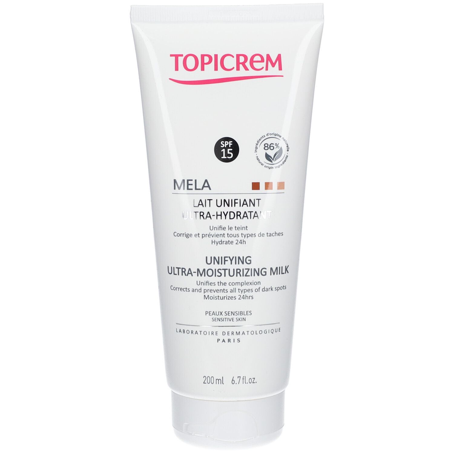 Tube TOPICREM Mela, lait hydratant SPF15. Inscriptions, logo et informations produit sur fond blanc.