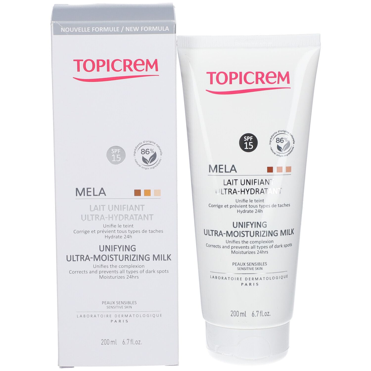 TOPICREM Mela, lait hydratant SPF15. Produit et emballage côte à côte.