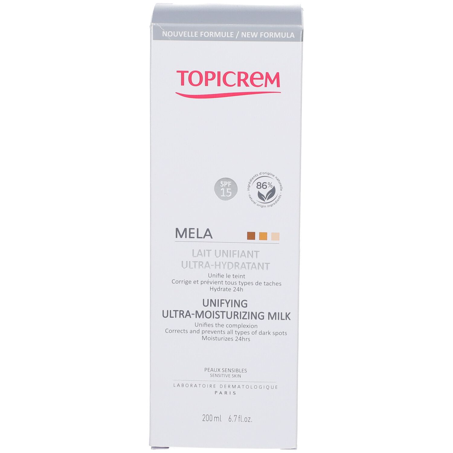 Emballage TOPICREM Mela, lait hydratant SPF15. Informations produit et logo.