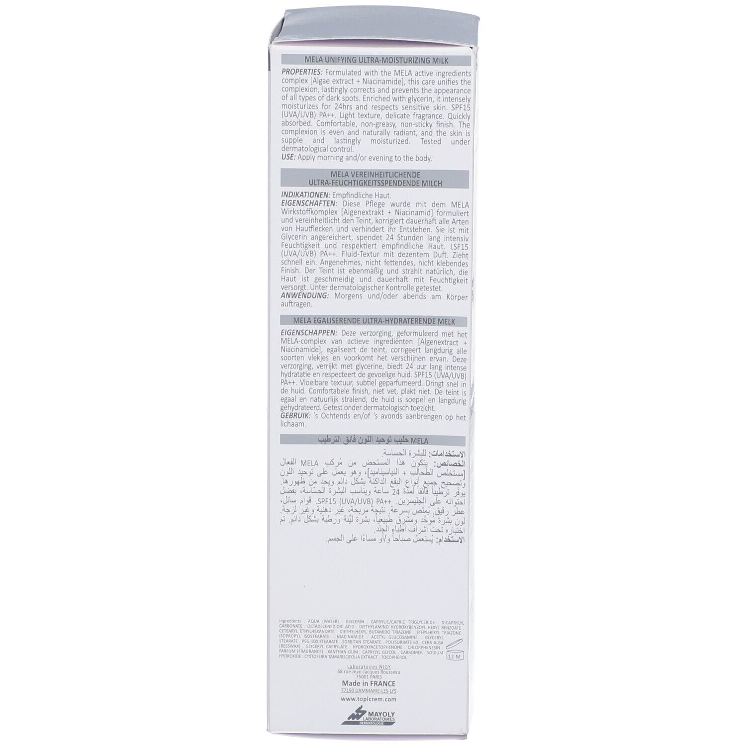 Emballage TOPICREM Mela. Texte multilingue, informations produit et coordonnées du fabricant.