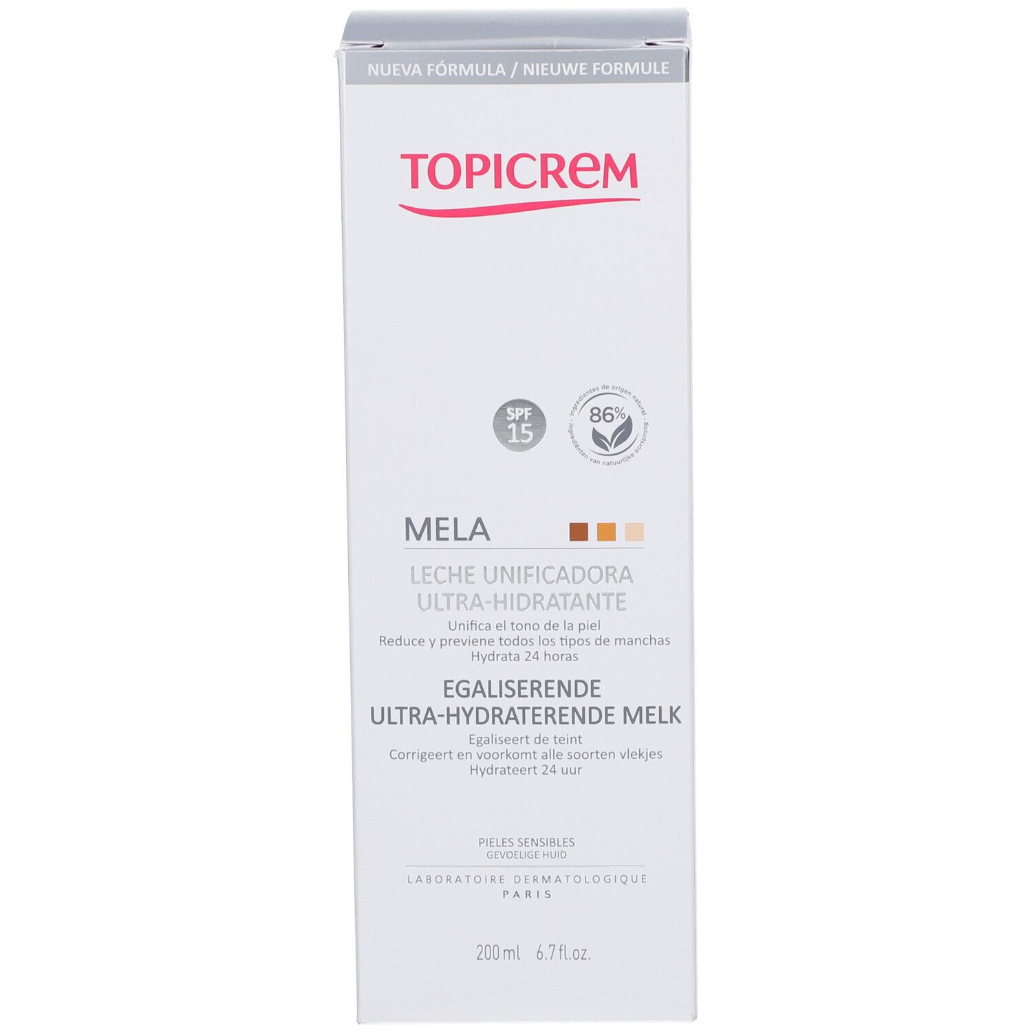 Emballage TOPICREM Mela. Informations produit, texte multilingue, logo et SPF15.