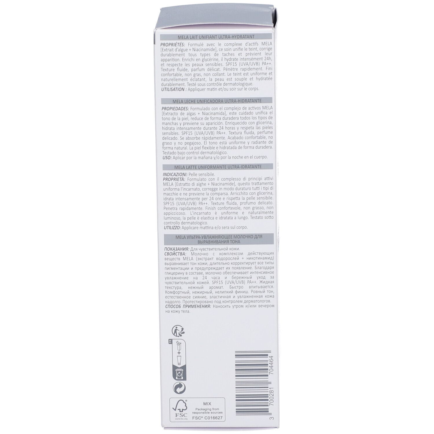 Dos de l'emballage TOPICREM Mela. Texte multilingue, informations produit et coordonnées du fabricant.