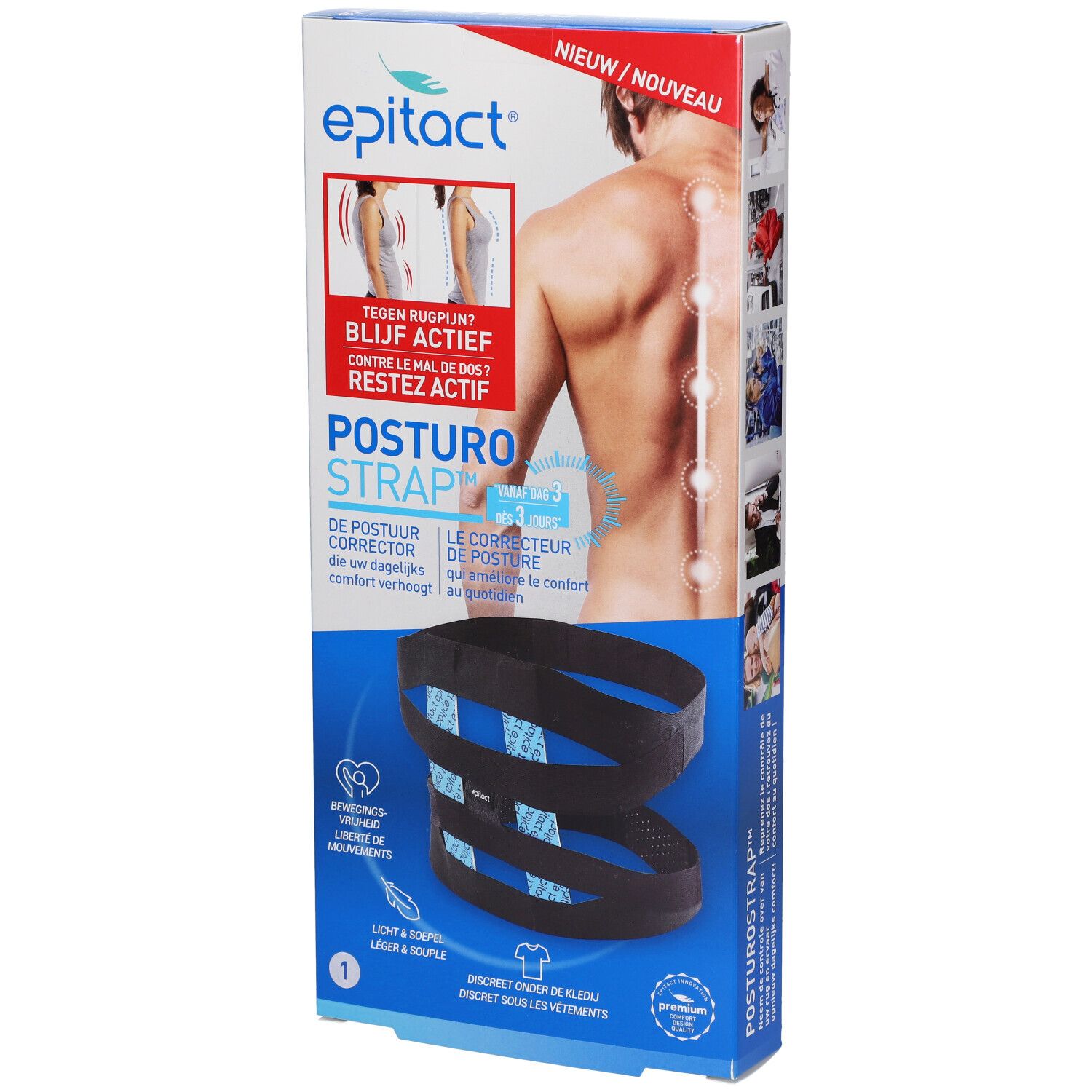 Epitact Posturostrap Taille 1. Bandage noire sur emballage. Texte: Contre le mal de dos, Posturostrap, Le correcteur de posture.
