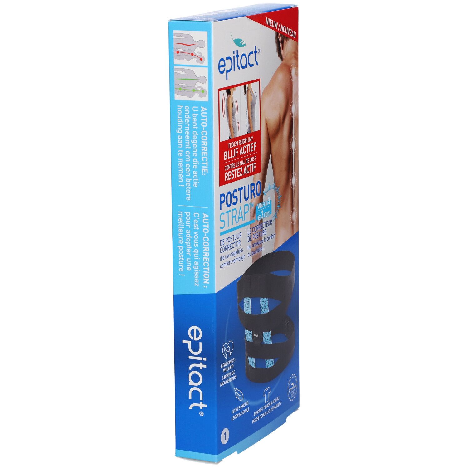 Epitact Posturostrap Taille 1. Emballage en biais. Texte: Auto-correction, Posturostrap, Le correcteur de posture.