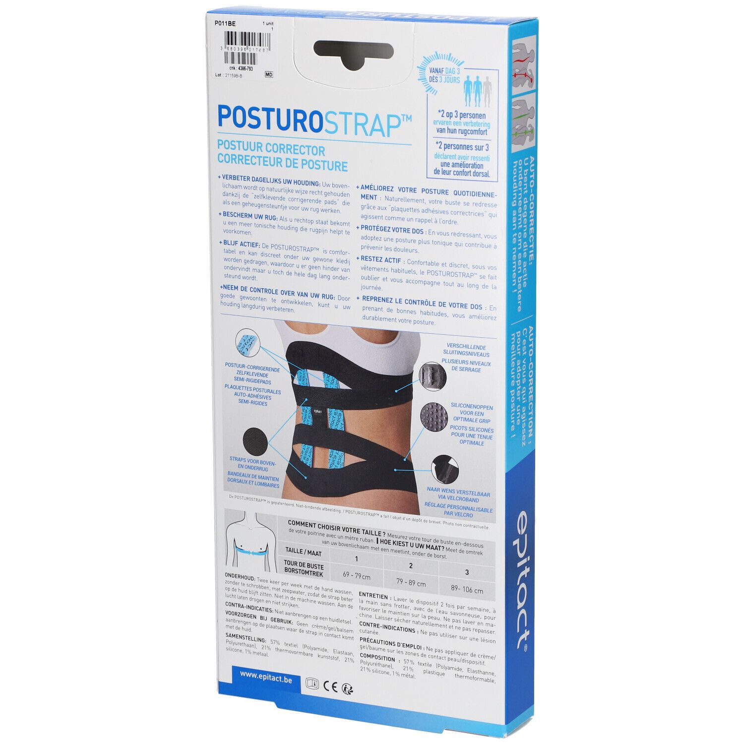 Dos de l'emballage Epitact Posturostrap Taille 1. Texte: Posturostrap, Correcteur de posture, Correction de la posture.