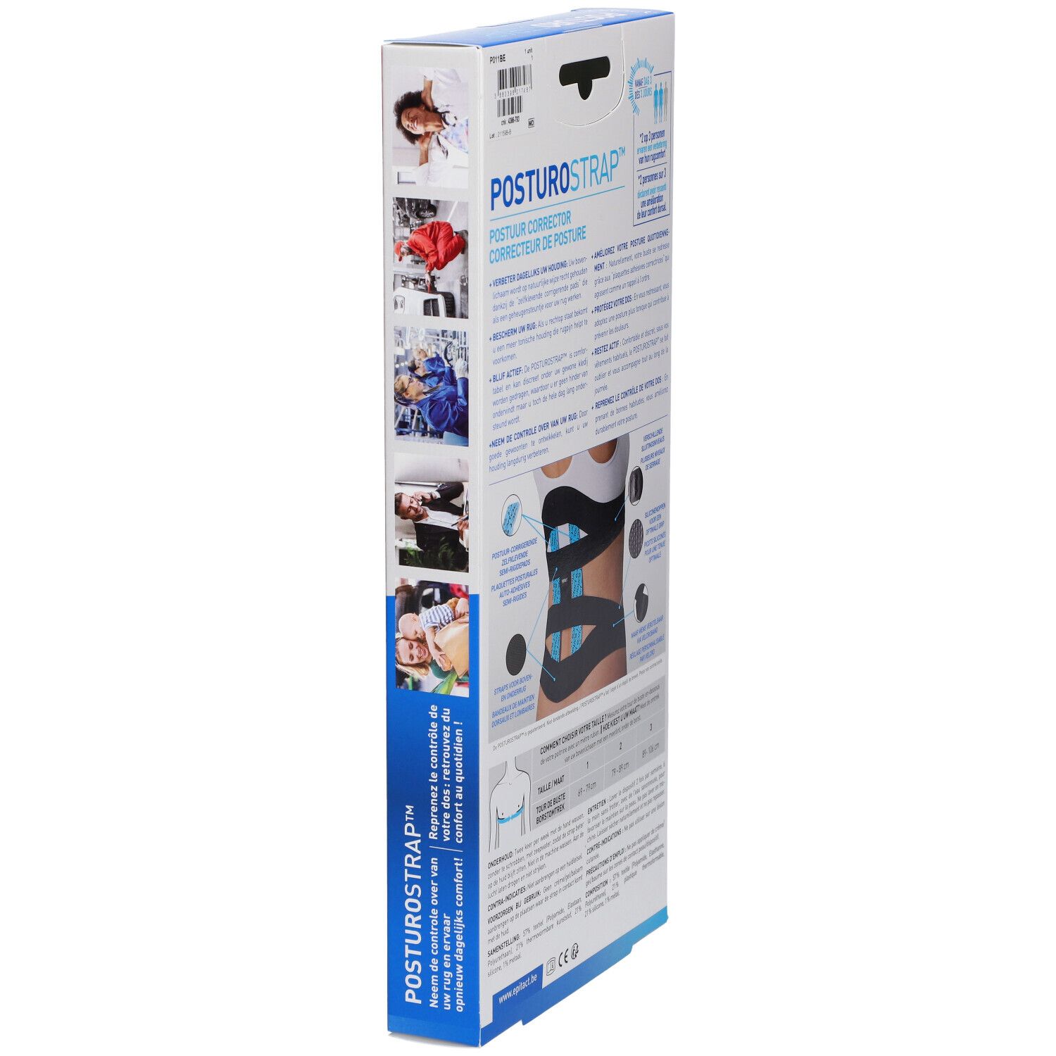 Epitact Posturostrap Taille 1 emballage, vue latérale. Texte: Posturostrap, Correcteur de posture, Correction de la posture.
