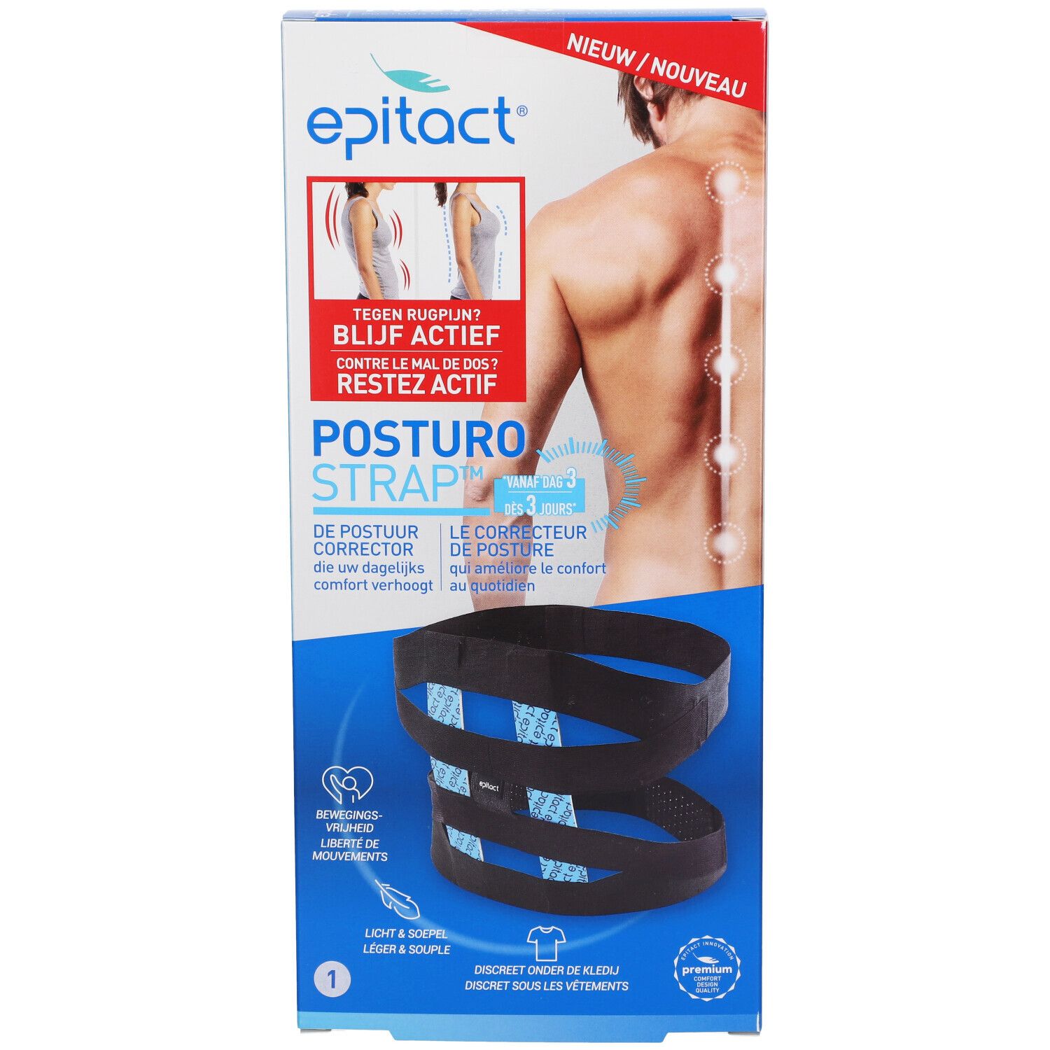 Epitact Posturostrap Taille 1. Bandage noire sur emballage. Texte: Contre le mal de dos, Posturostrap, Le correcteur de posture.