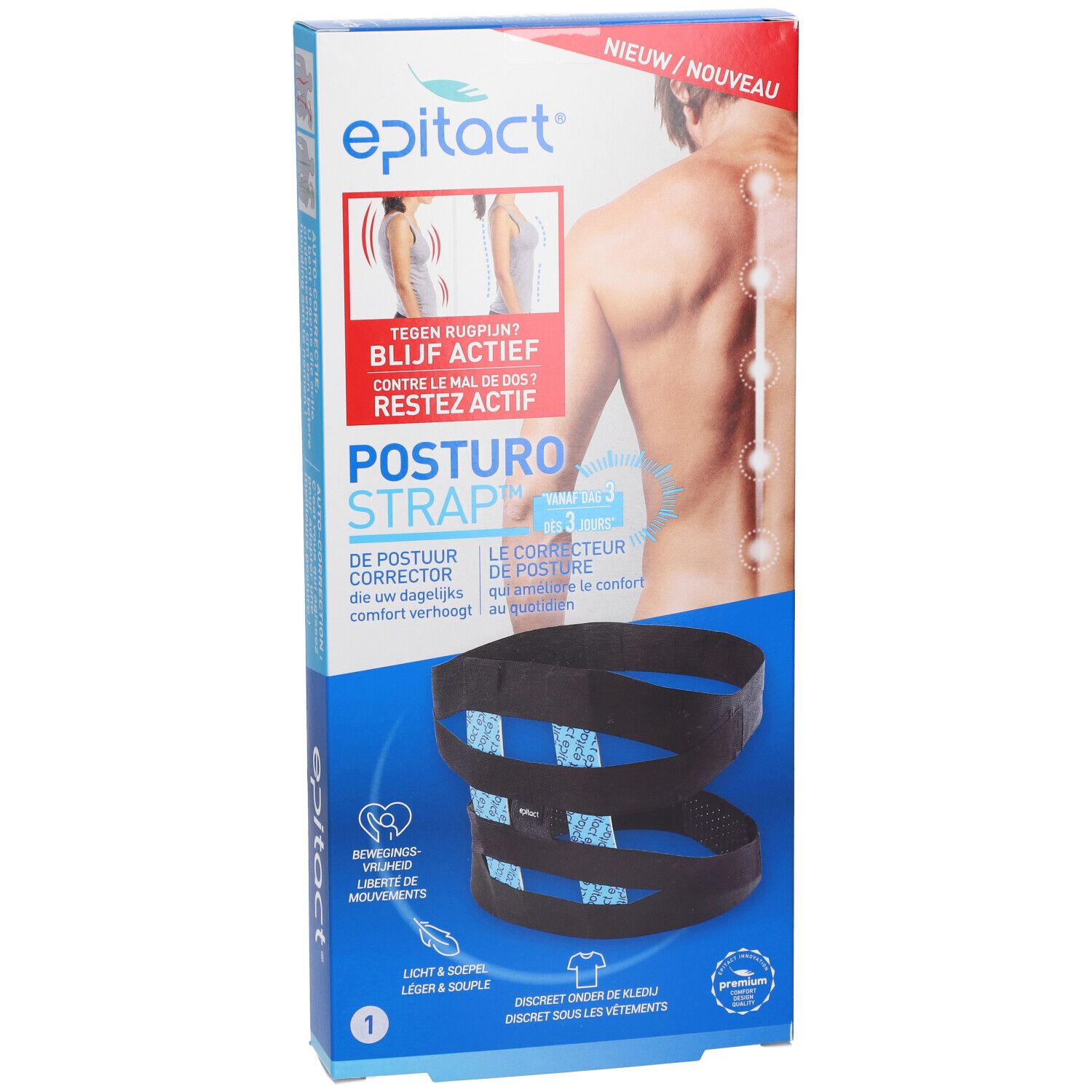 Epitact Posturostrap Taille 1. Bandage noire sur emballage. Texte: Contre le mal de dos, Posturostrap, Le correcteur de posture.