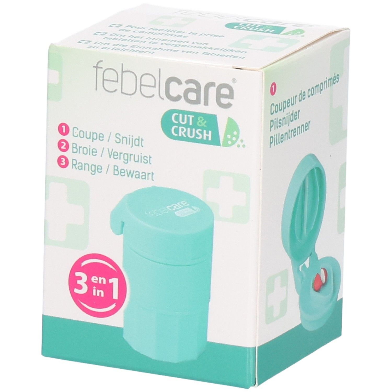Boîte de Febelcare Cut & Crush. Coupe-comprimés et broyeur turquoise. Fonction 3 en 1.