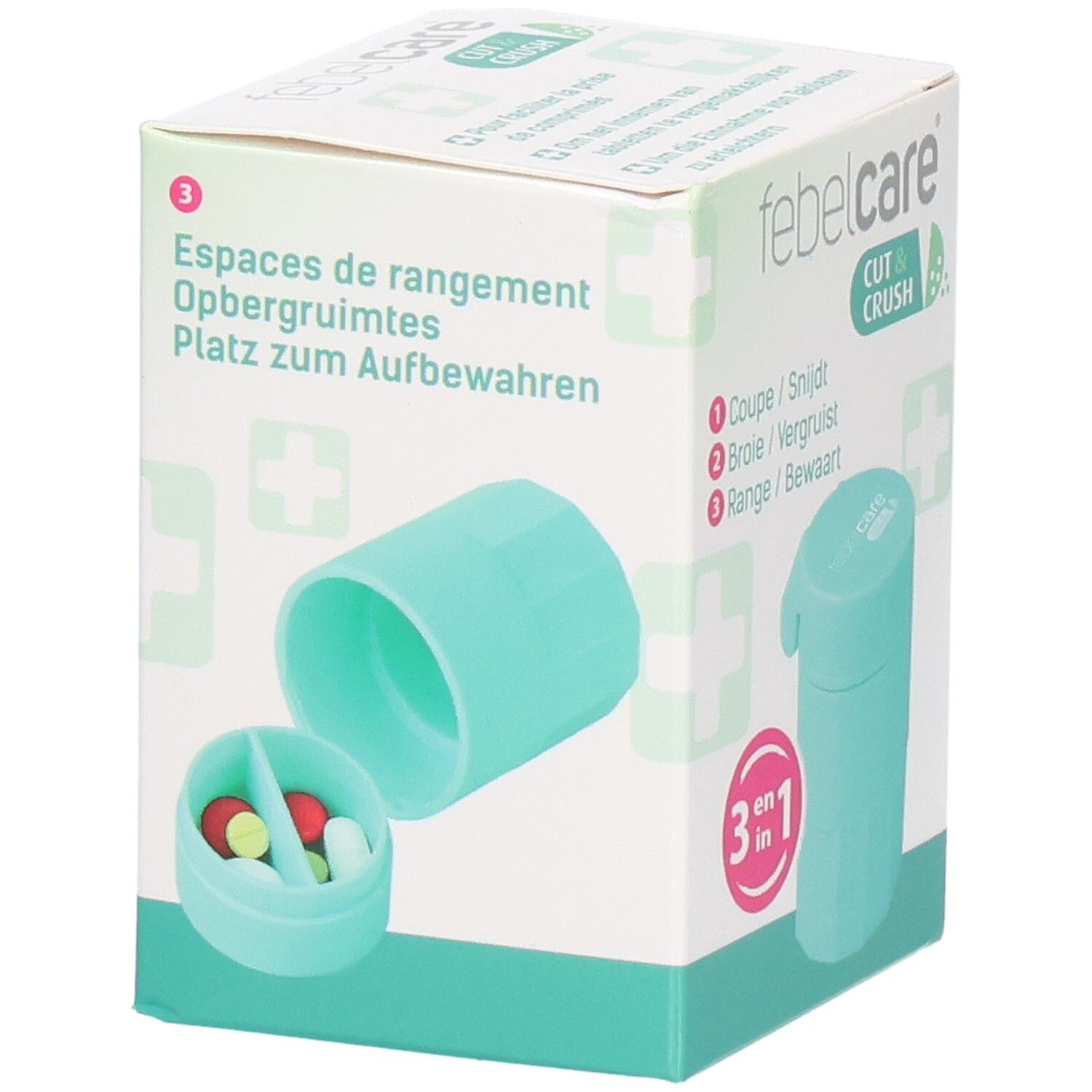 Boîte de Febelcare Cut & Crush. Coupe-comprimés, broyeur et compartiment de rangement. Turquoise.