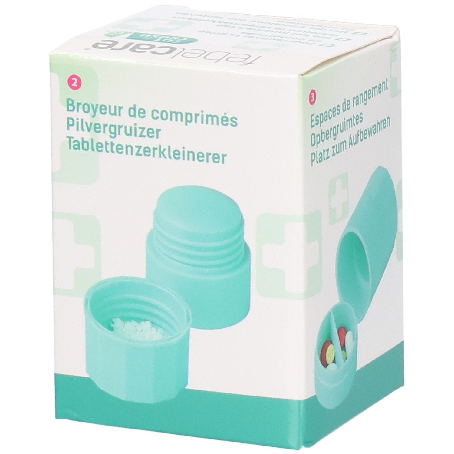 Boîte de Febelcare Cut & Crush. Coupe-comprimés et broyeur. Turquoise. Comprimés broyés visibles.