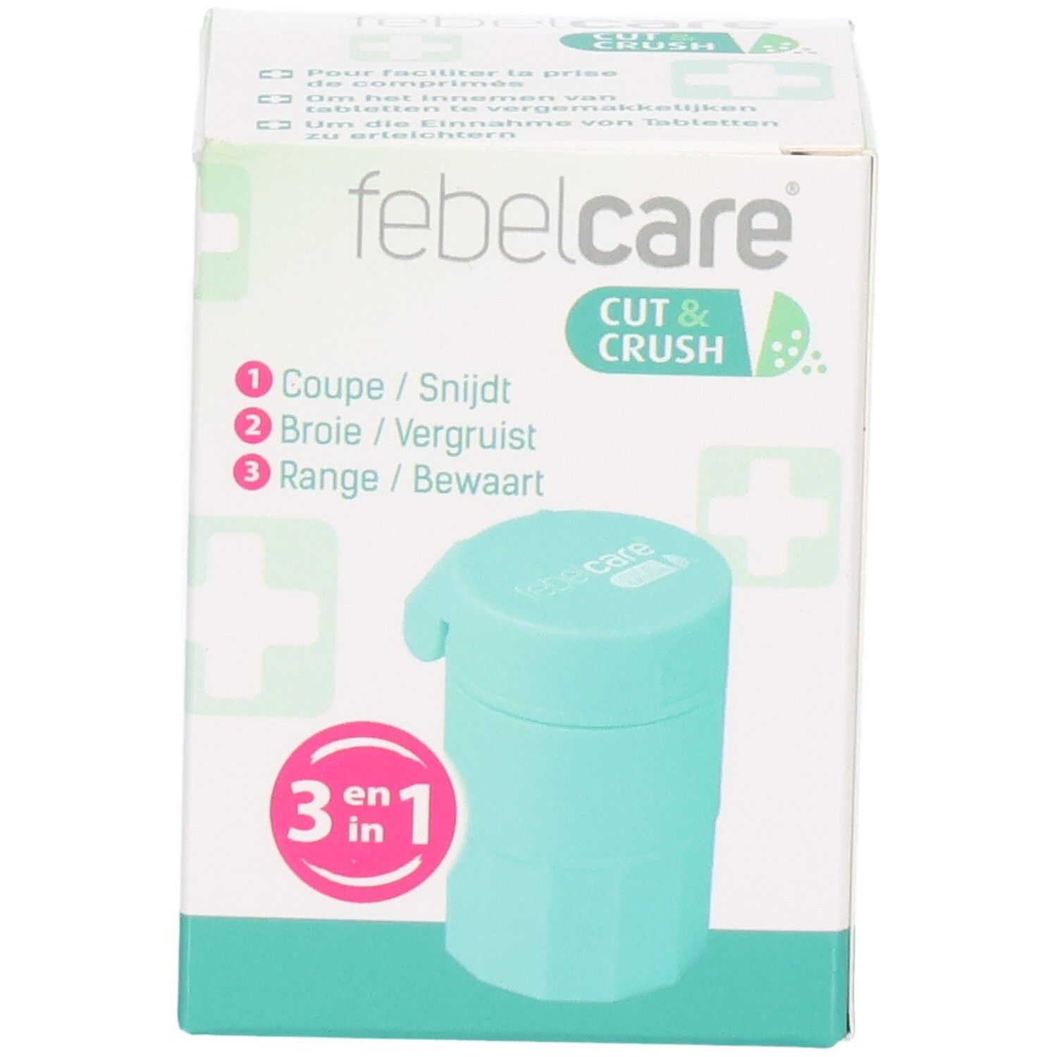 Boîte de Febelcare Cut & Crush. Coupe-comprimés et broyeur turquoise. Fonction 3 en 1.