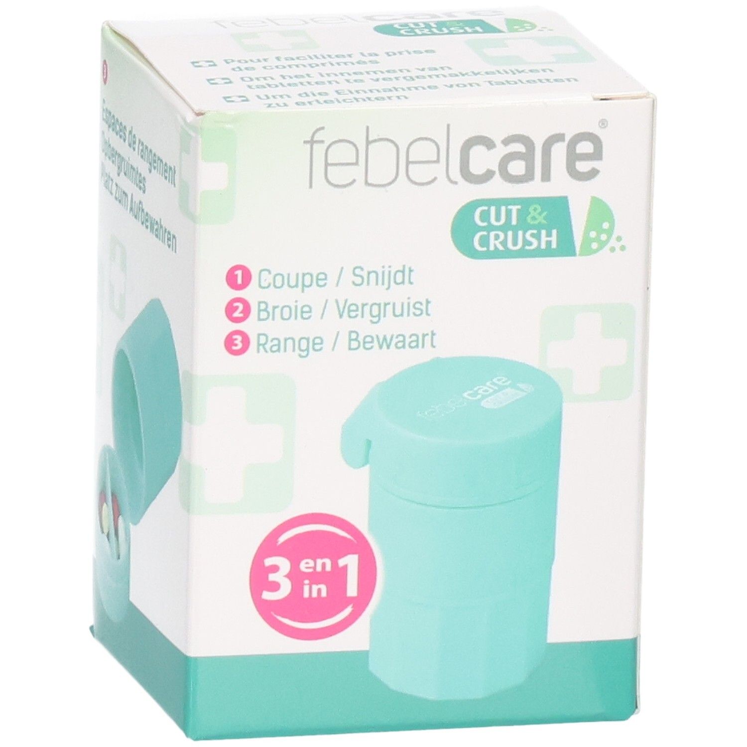 Boîte de Febelcare Cut & Crush. Coupe-comprimés et broyeur. Turquoise. Fonction 3 en 1.