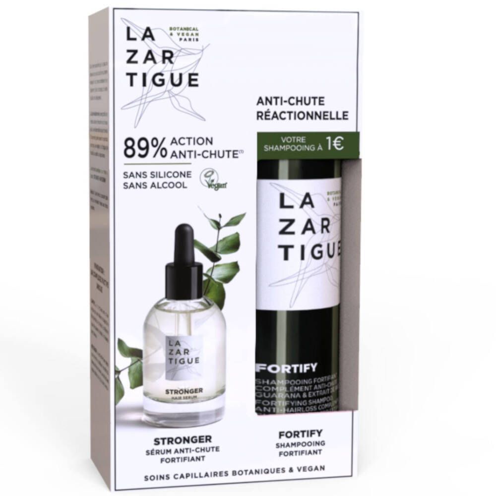 Coffret cadeau avec sérum et shampooing. Sérum avec pipette et flacon de shampooing. Emballage avec nom et logo du produit.