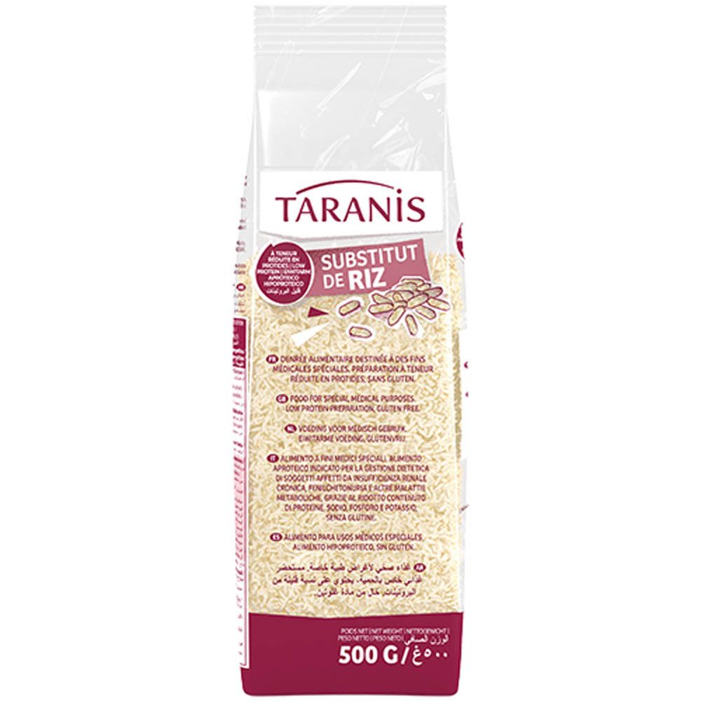 Sachet transparent de substitut de riz Taranis. Inscriptions multilingues. 500g.