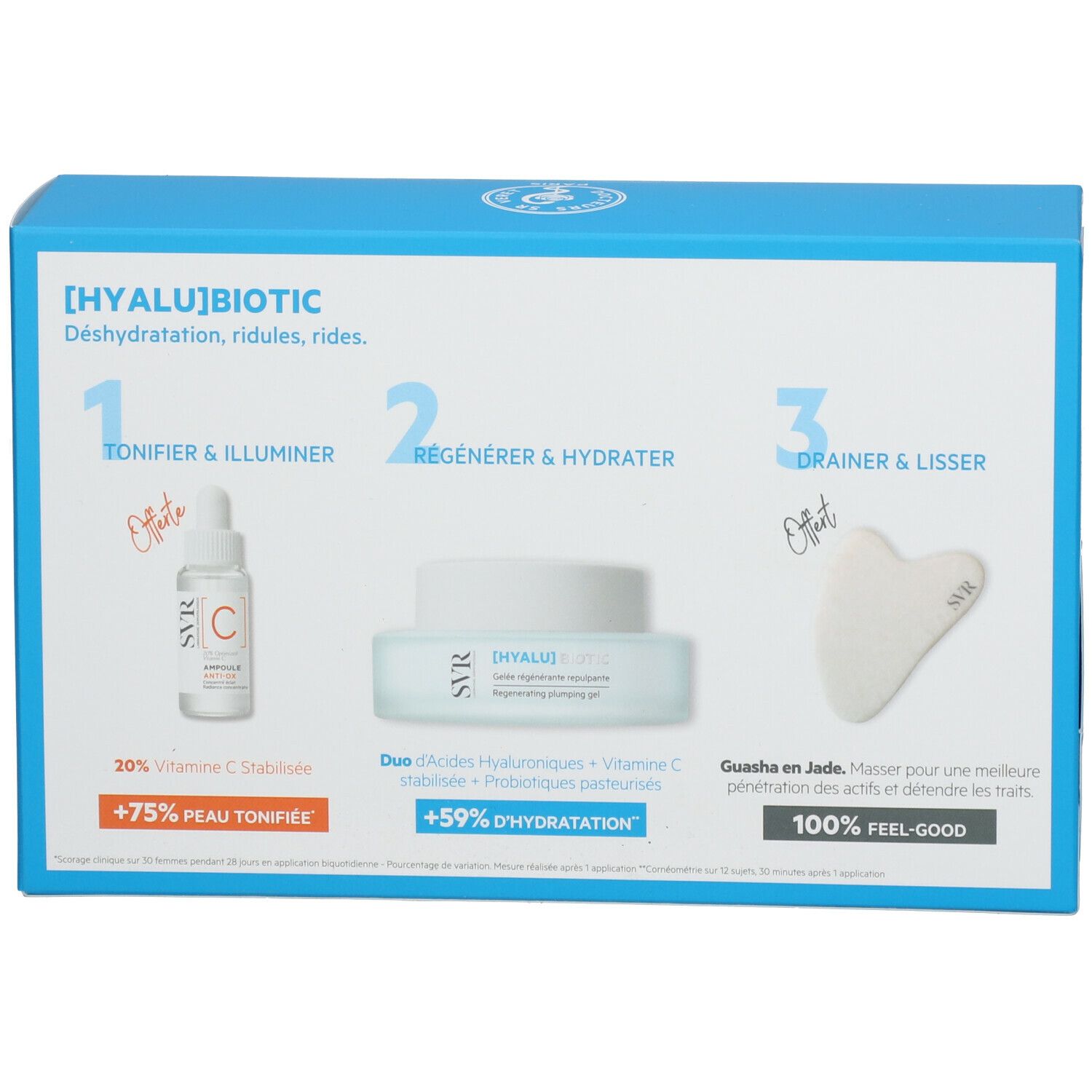 Coffret bleu. Contient un sérum, une crème et un Gua Sha. Inscriptions: [HYALU]BIOTIC, SVR, 20% Vitamine C stable, +75% PEAU TONIFIÉE.