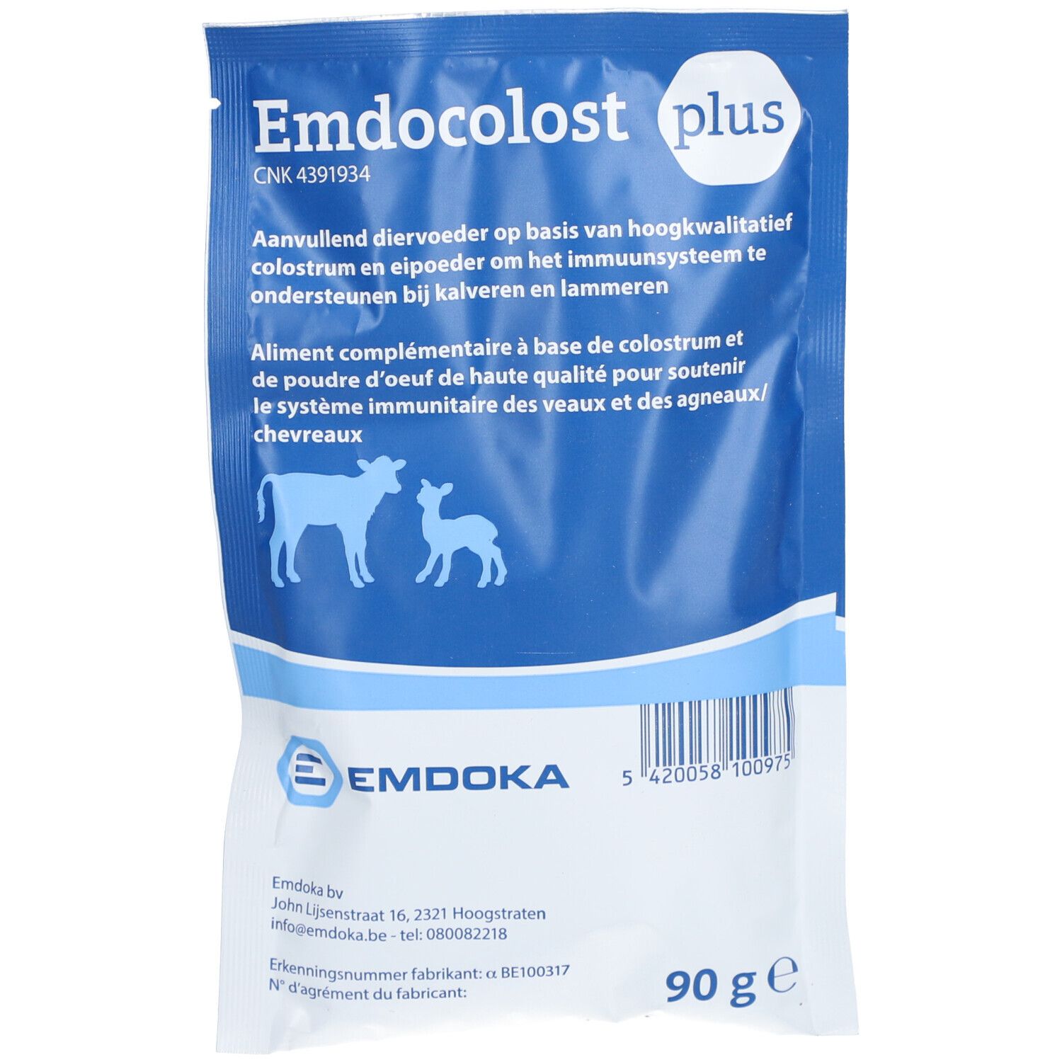 Sachet "Emdocolost plus". Emballage bleu et blanc avec logo et texte. Contient 90 g.