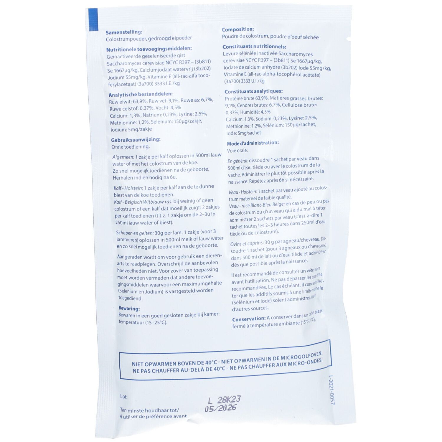 Dos de l'emballage du produit. Texte en plusieurs langues. Contient des informations sur les ingrédients et l'utilisation.