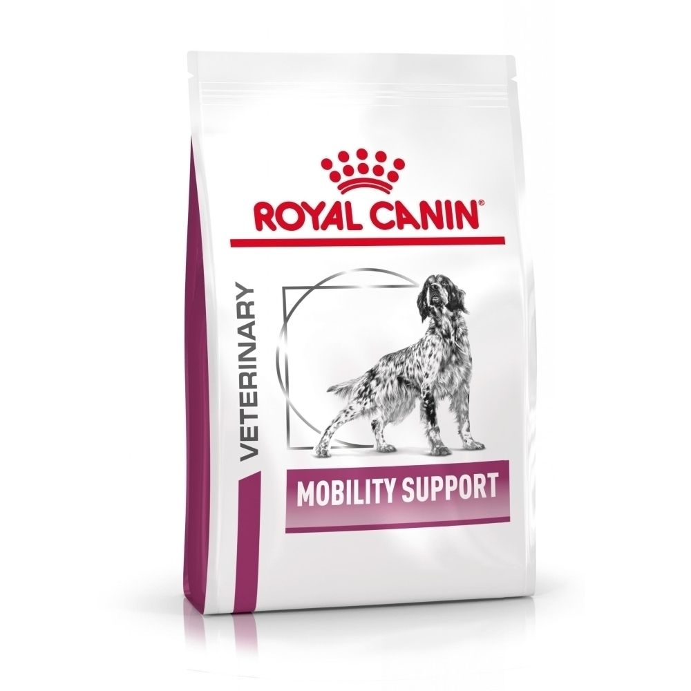 Sac de nourriture pour chien avec logo Royal Canin et illustration de chien. "Veterinary Mobility Support" est indiqué.